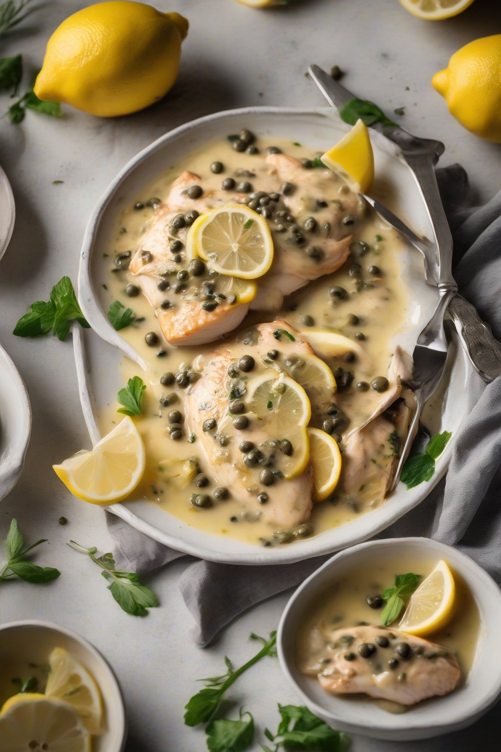 A high-resolution photo of lemon chicken piccata in creamy sauce with capers and lemon wedges, under soft lighting.
