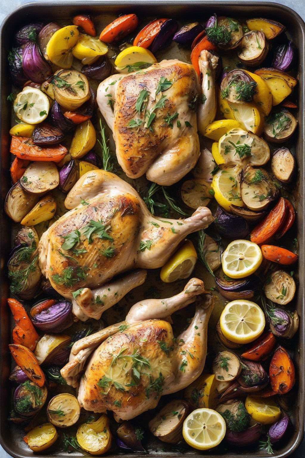 A high-resolution photo of colorful sheet pan lemon herb chicken with roasted veggies, under soft lighting.