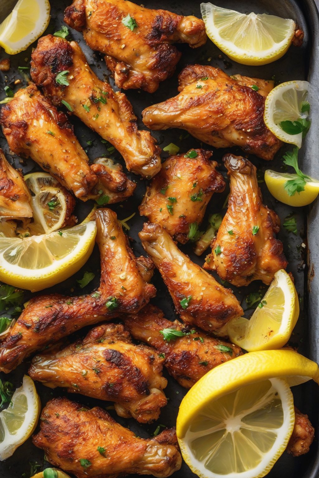 A high-resolution photo of crispy air fryer lemon pepper chicken wings with lemon wedges, under soft lighting.