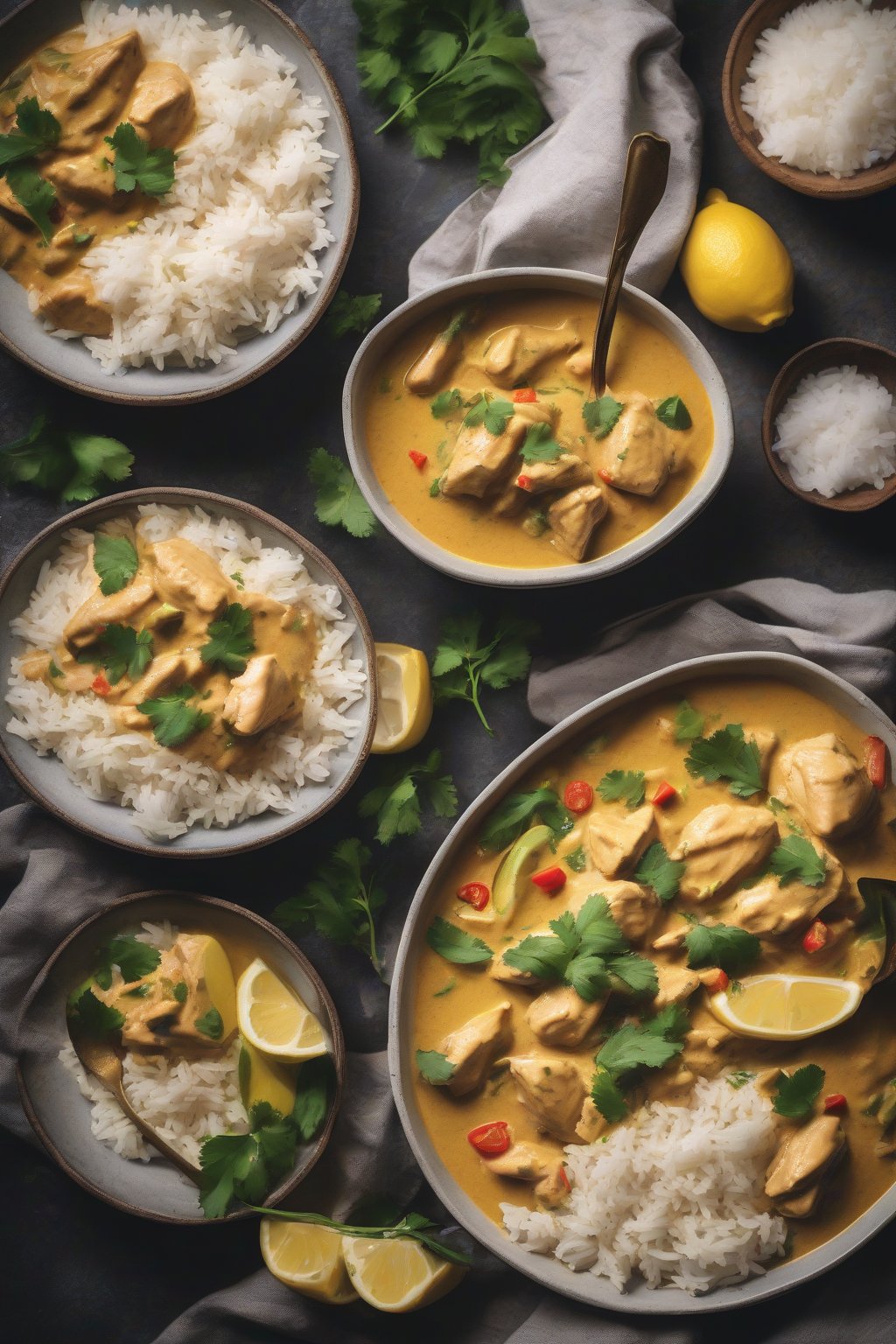 A high-resolution photo of creamy lemon coconut chicken curry in a bowl with rice, under soft lighting.