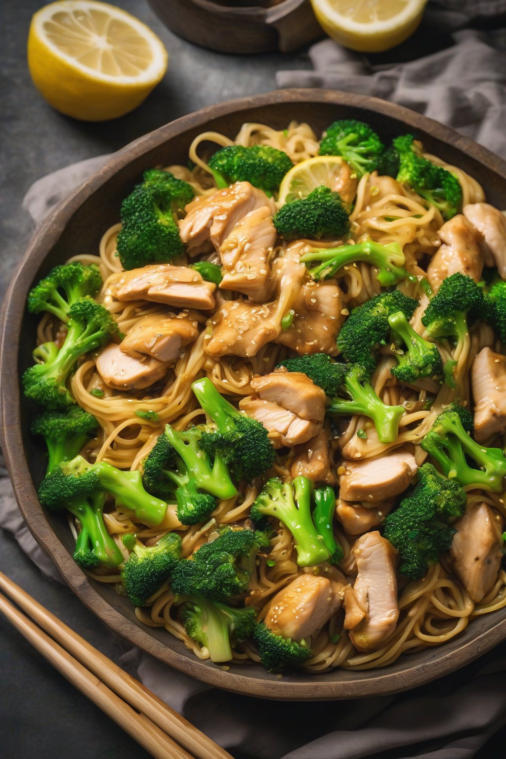 A high-resolution photo of vibrant lemon chicken stir-fry with broccoli over noodles, under soft lighting.