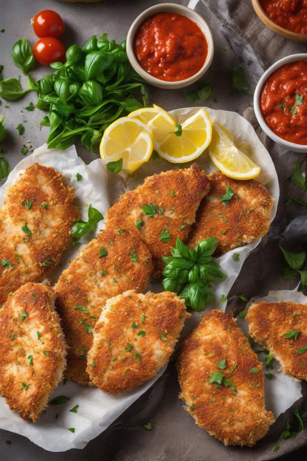A high-resolution photo of baked lemon parmesan chicken cutlets with marinara dip, under soft lighting.