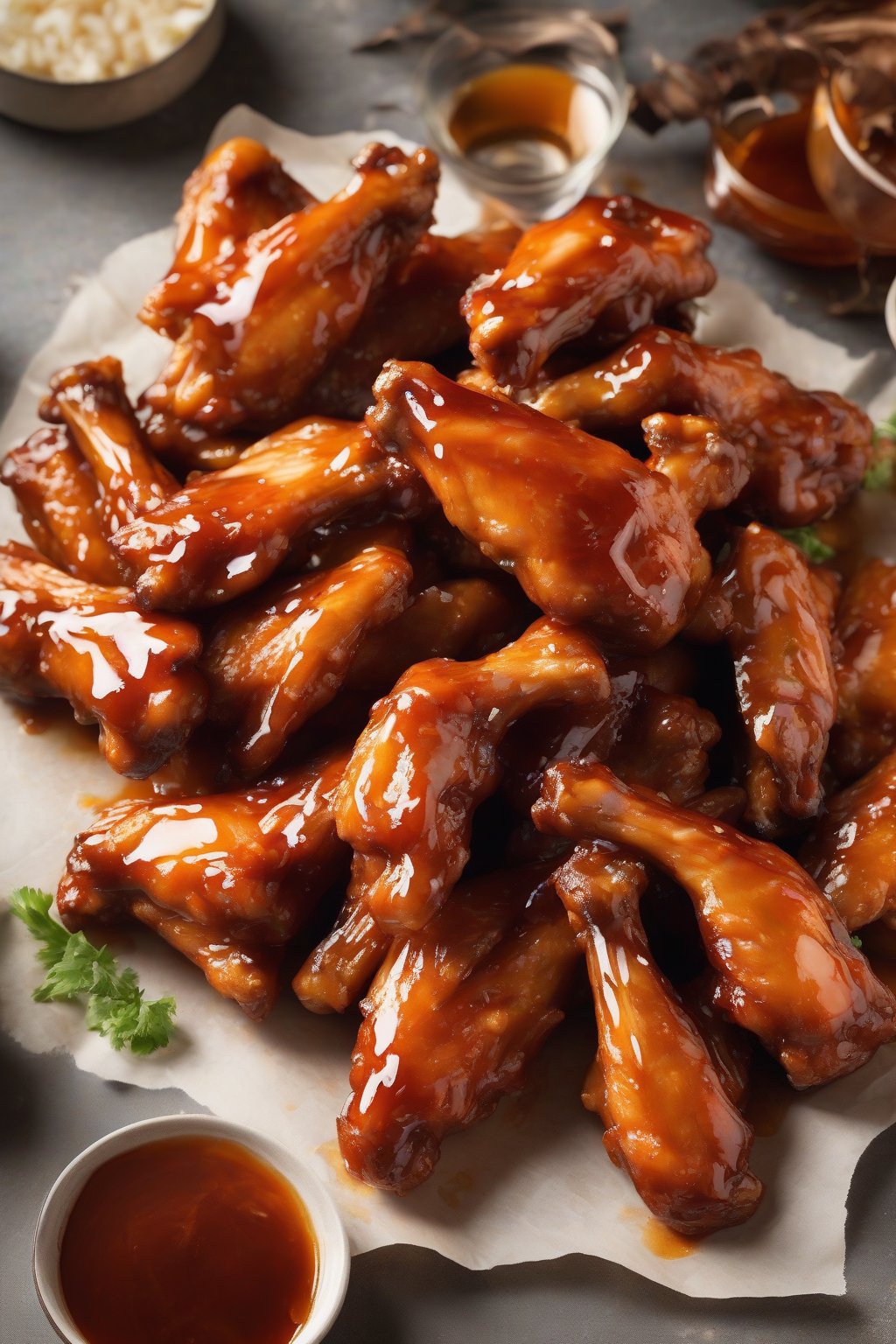 A high-resolution photo of caramelized maple-Buffalo wings with a sweet-sticky glaze under soft lighting.