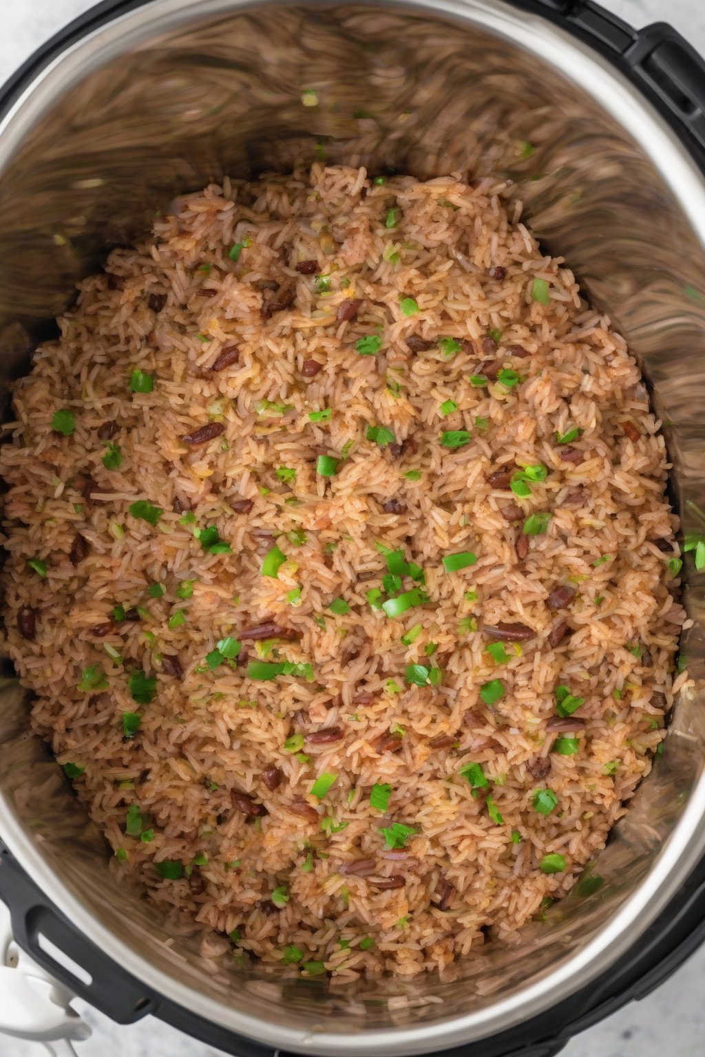 A high-resolution close-up photo of Instant Pot dirty rice fluffed and spiced, served family-style under soft lighting.