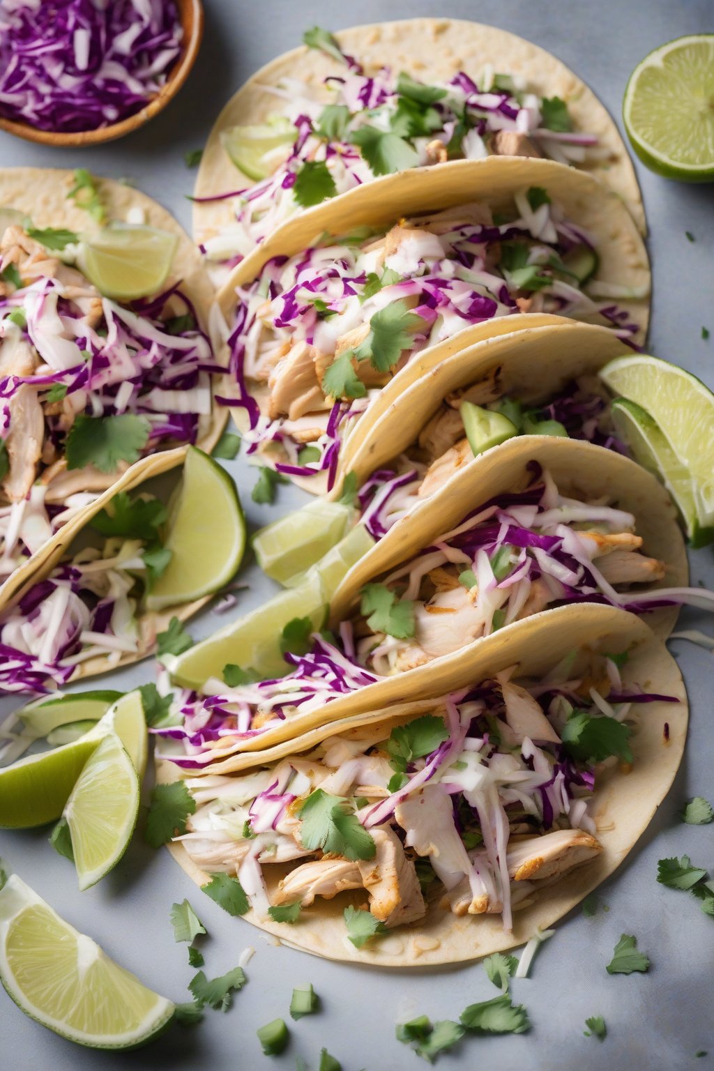 A high-resolution photo of lemon chicken tacos topped with fresh slaw and lime, under soft lighting.