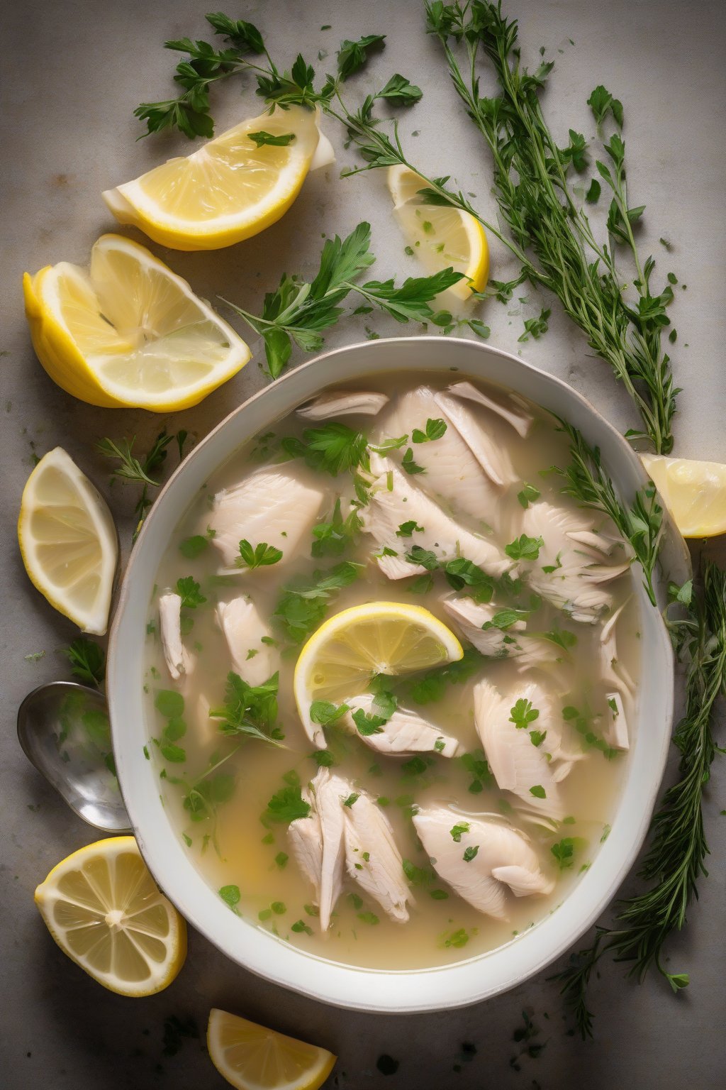 A high-resolution photo of steaming bowl of lemon chicken soup with herbs and lemon slices, under soft lighting.