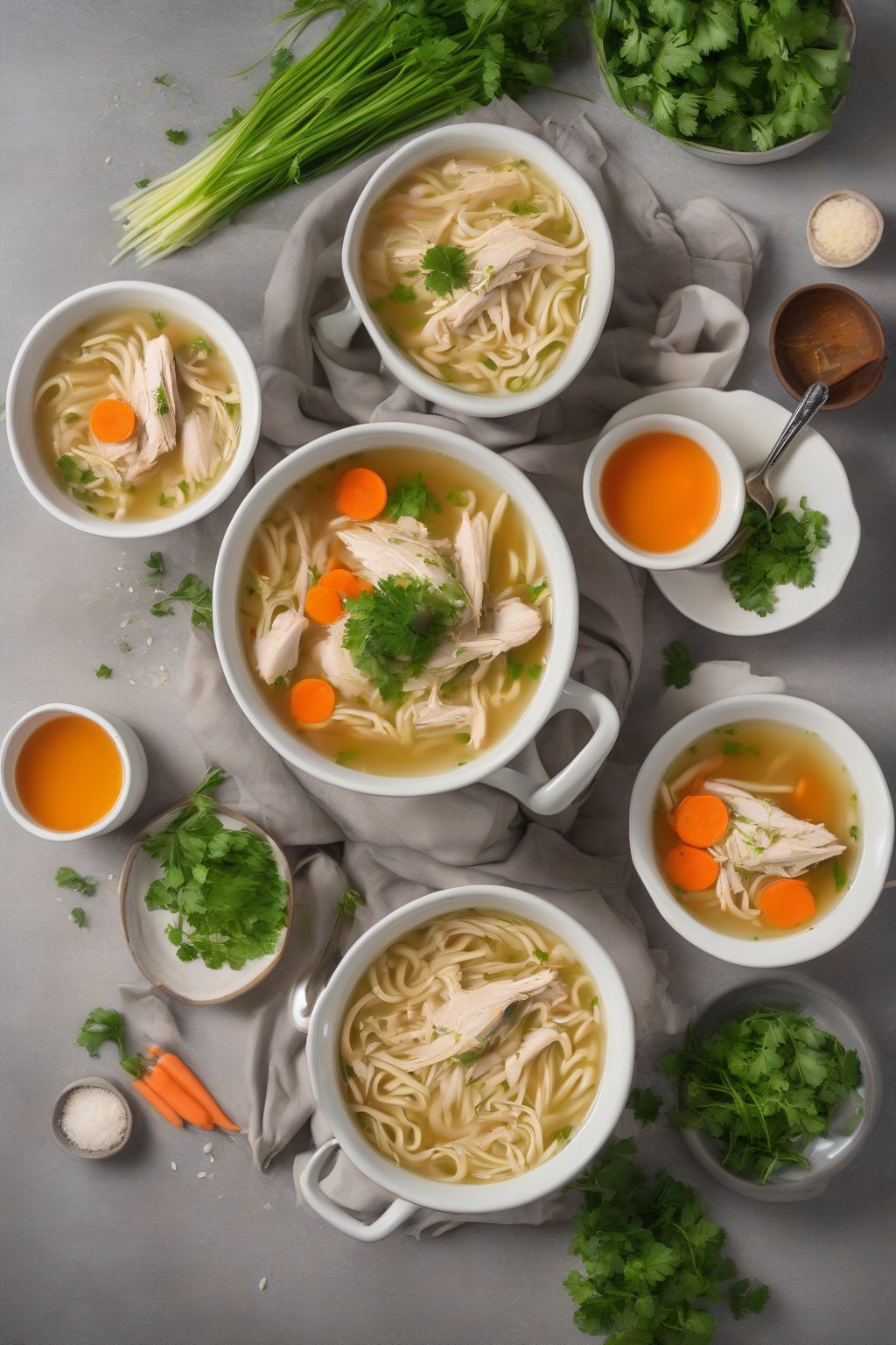 A high-resolution photo of a steaming bowl of classic chicken noodle soup garnished with fresh parsley, golden broth brimming with noodles, carrots, and shredded chicken, under soft lighting.