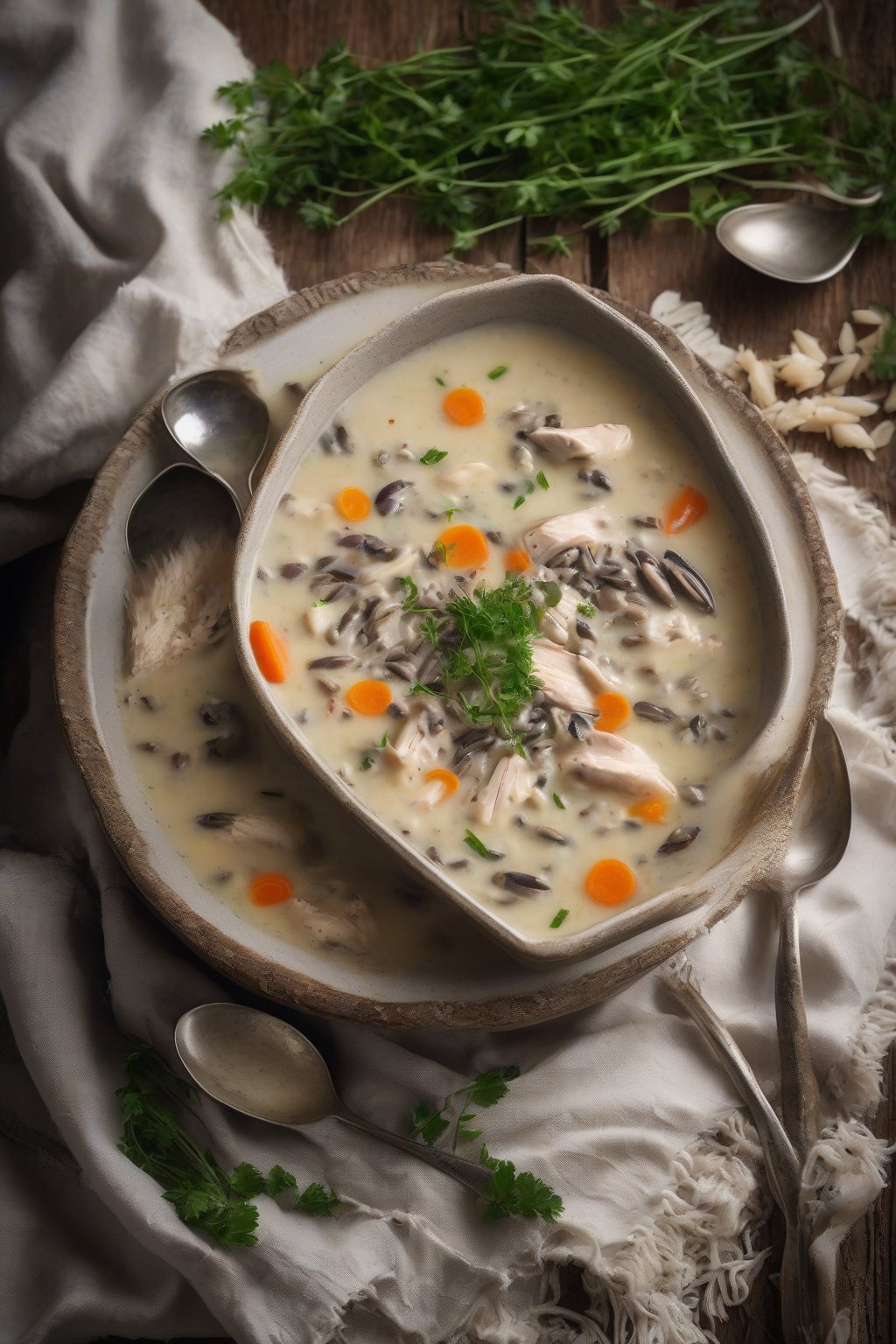 A high-resolution photo of creamy chicken and wild rice soup in a rustic bowl, topped with herbs, showing thick broth with rice grains and tender chicken pieces, under soft lighting.