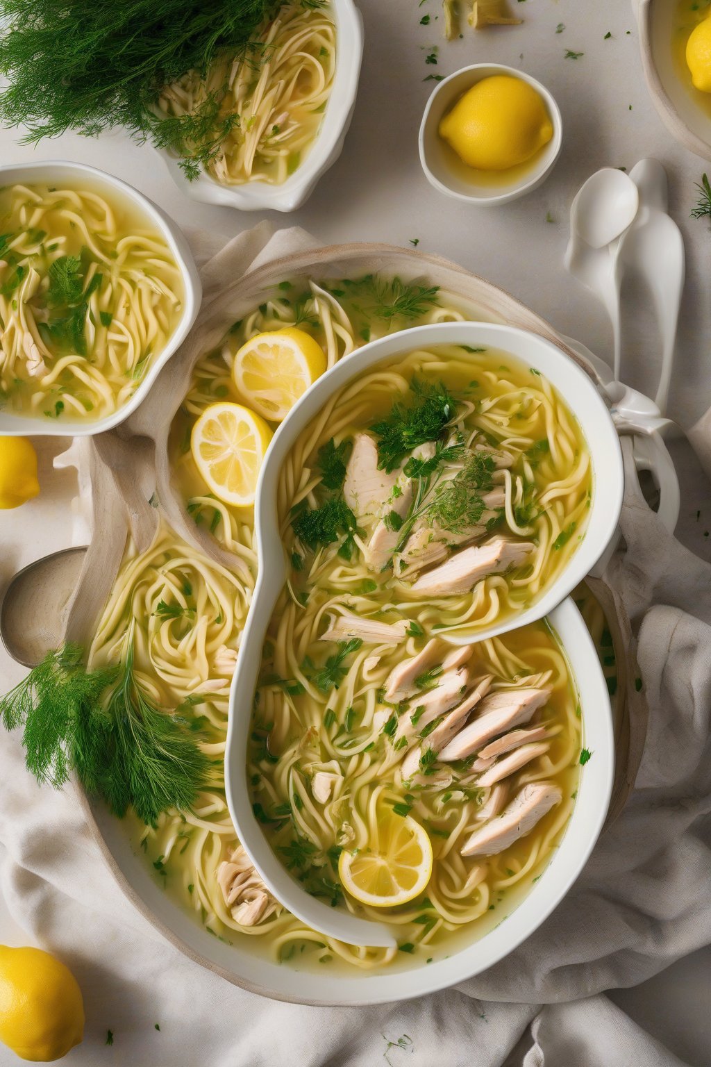 A high-resolution photo of lemon garlic chicken noodle soup with visible lemon zest and dill, bright yellow broth with noodles and veggies, under soft lighting.
