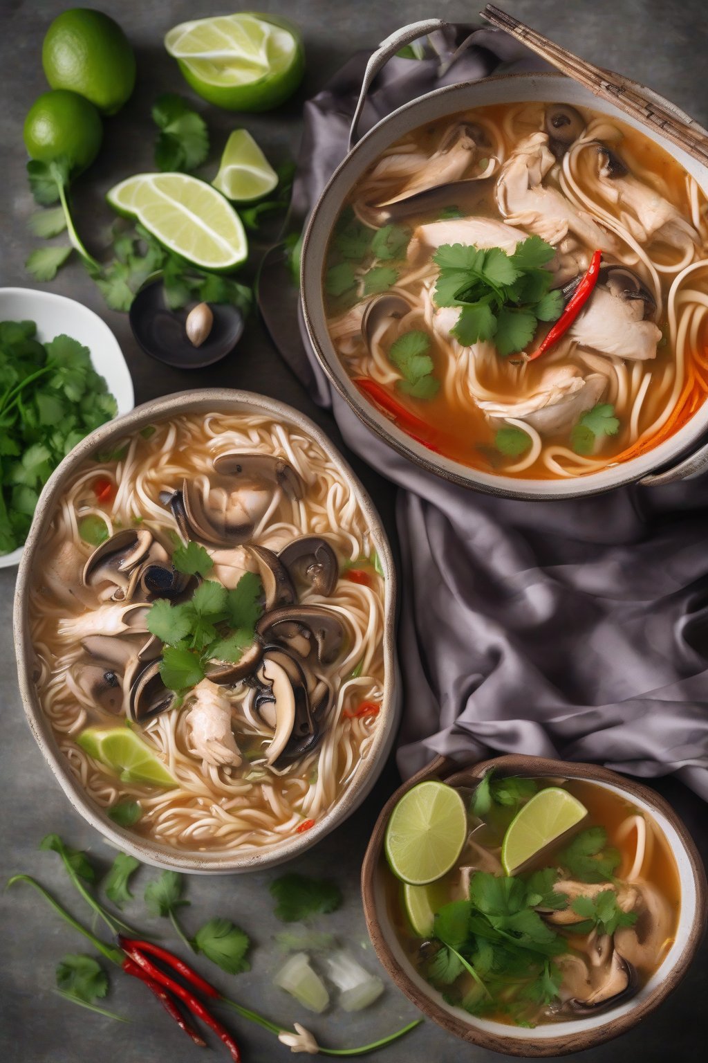 A high-resolution photo of spicy Thai chicken noodle soup garnished with lime wedges and cilantro, red-tinged broth with rice noodles and mushrooms, under soft lighting.