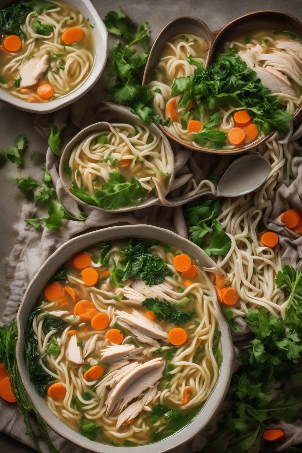 A high-resolution photo of vegetable-loaded chicken noodle soup overflowing with colorful greens, carrots, and noodles in a deep bowl, under soft lighting.