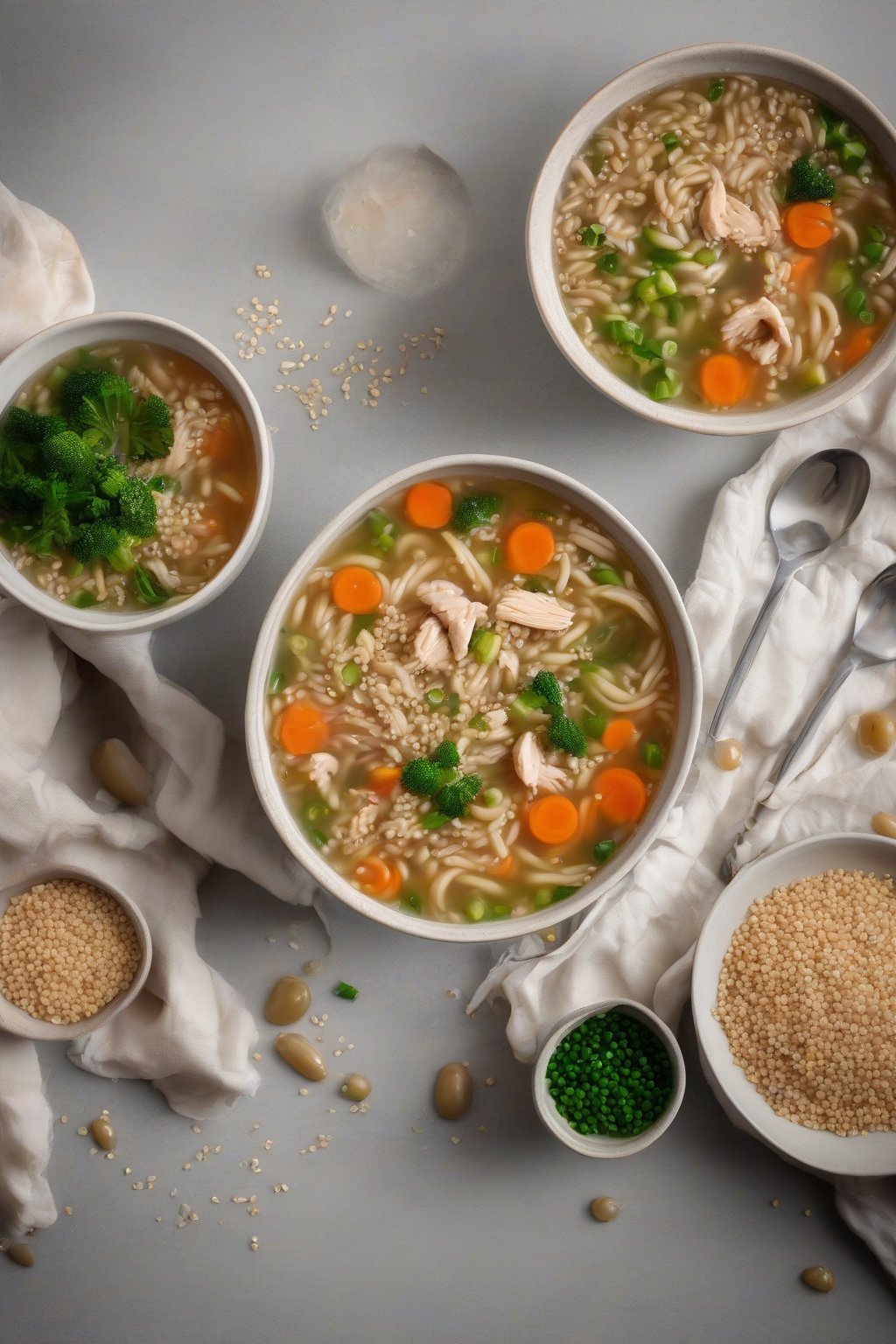 A high-resolution photo of gluten-free quinoa chicken noodle soup with fluffy quinoa grains mixed with veggies and chicken in clear broth, under soft lighting.