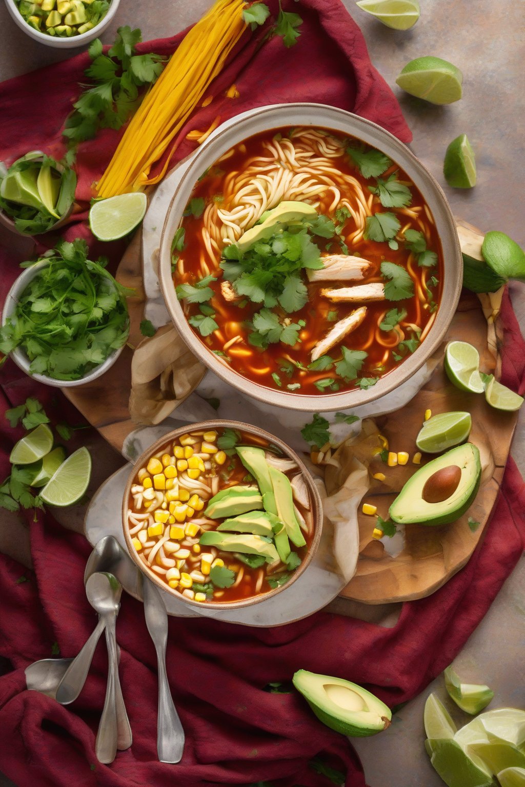 A high-resolution photo of Mexican chicken noodle soup topped with avocado slices and cilantro, vibrant red broth with corn and noodles, under soft lighting.