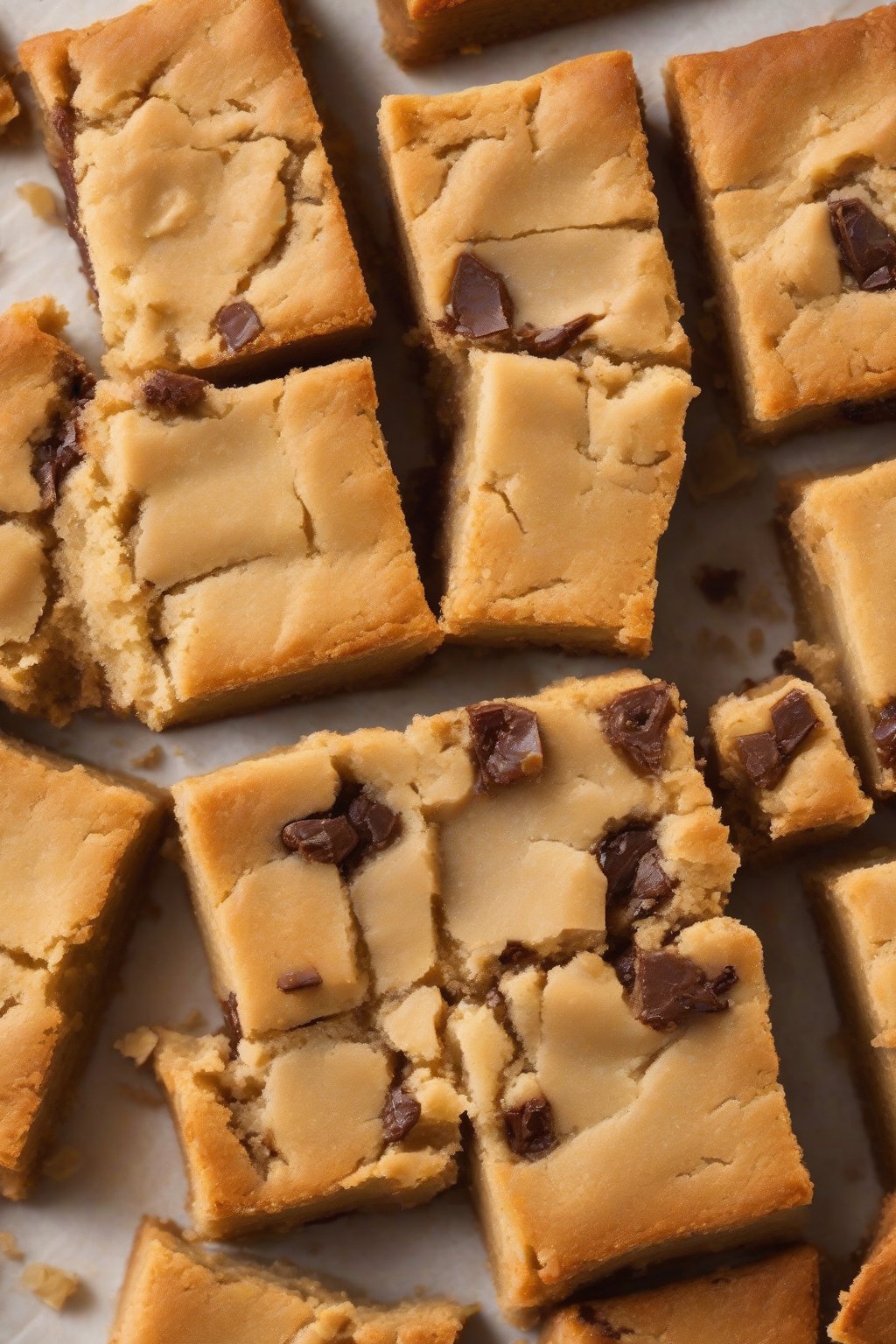 A high-resolution photo of golden classic buttery blondies cut into squares, with a fudgy center and crisp edges, under soft lighting.
