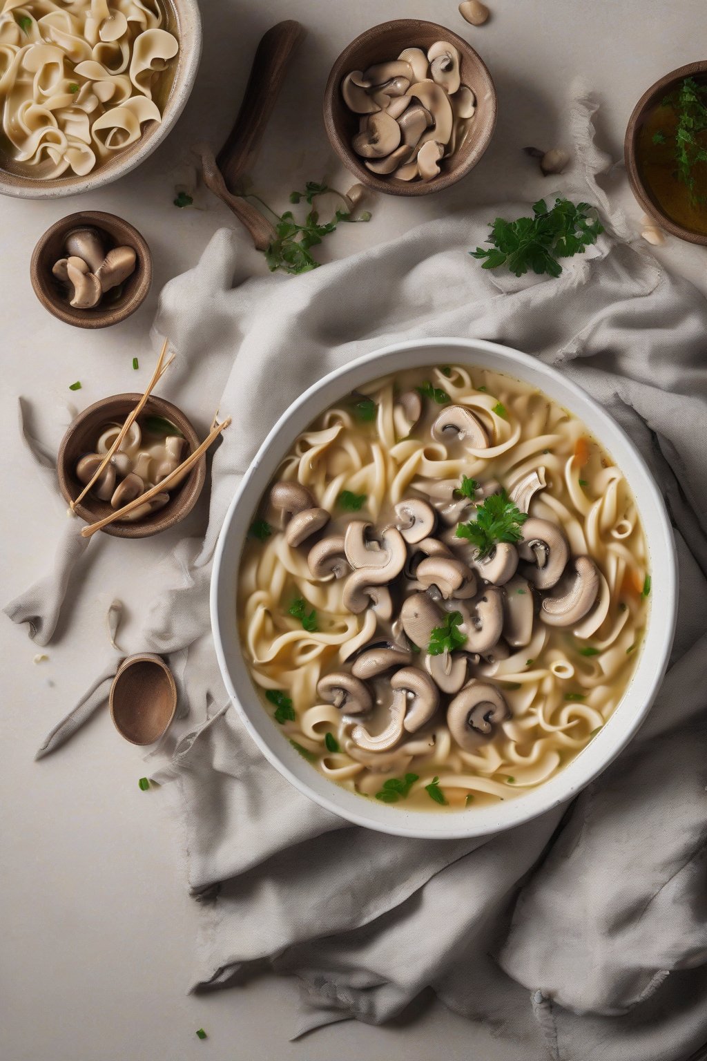 A high-resolution photo of creamy mushroom chicken noodle soup with sliced mushrooms floating in thick broth alongside noodles, under soft lighting.