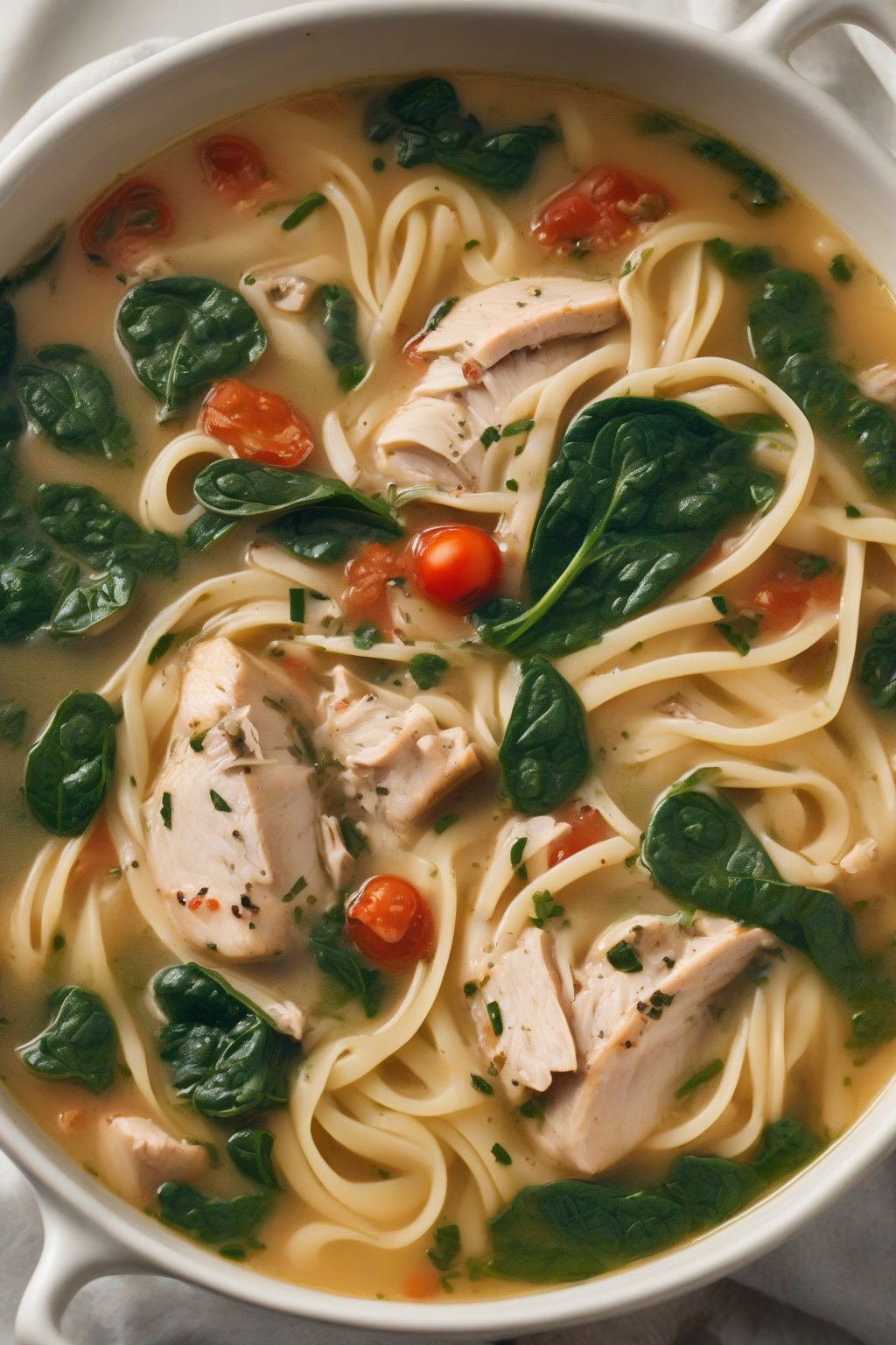 A high-resolution photo of Italian herb chicken noodle soup with wilted spinach and tomato chunks in herb-flecked broth, under soft lighting.