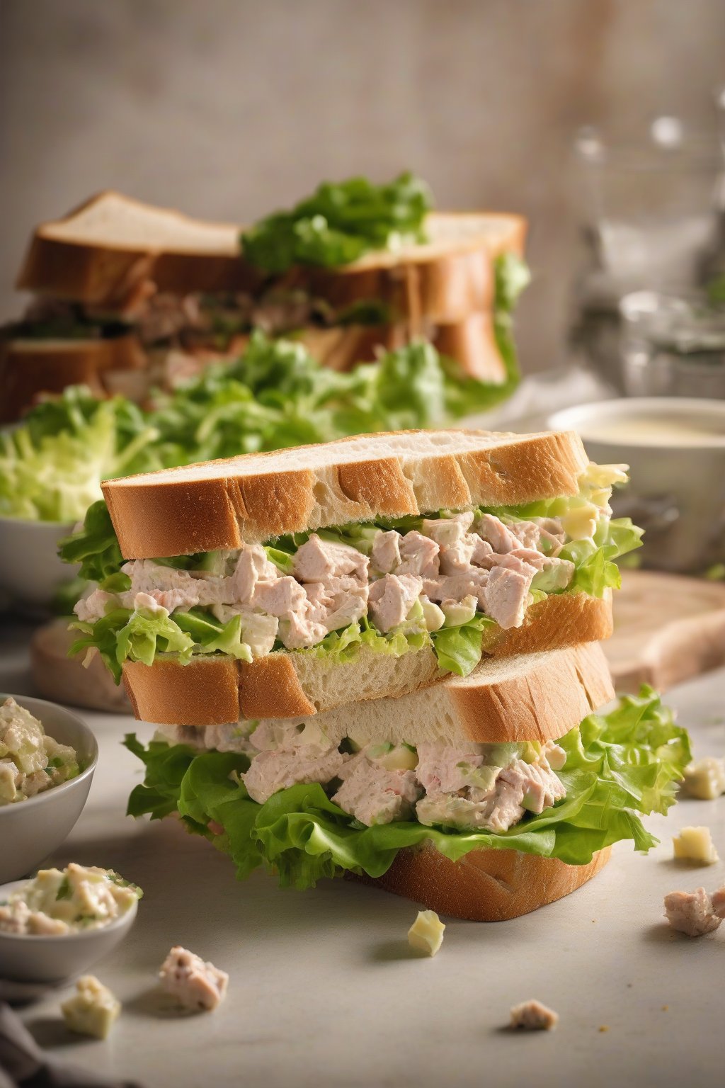 A high-resolution photo of a creamy classic tuna salad sandwich on soft bread, layered with lettuce, under soft lighting.