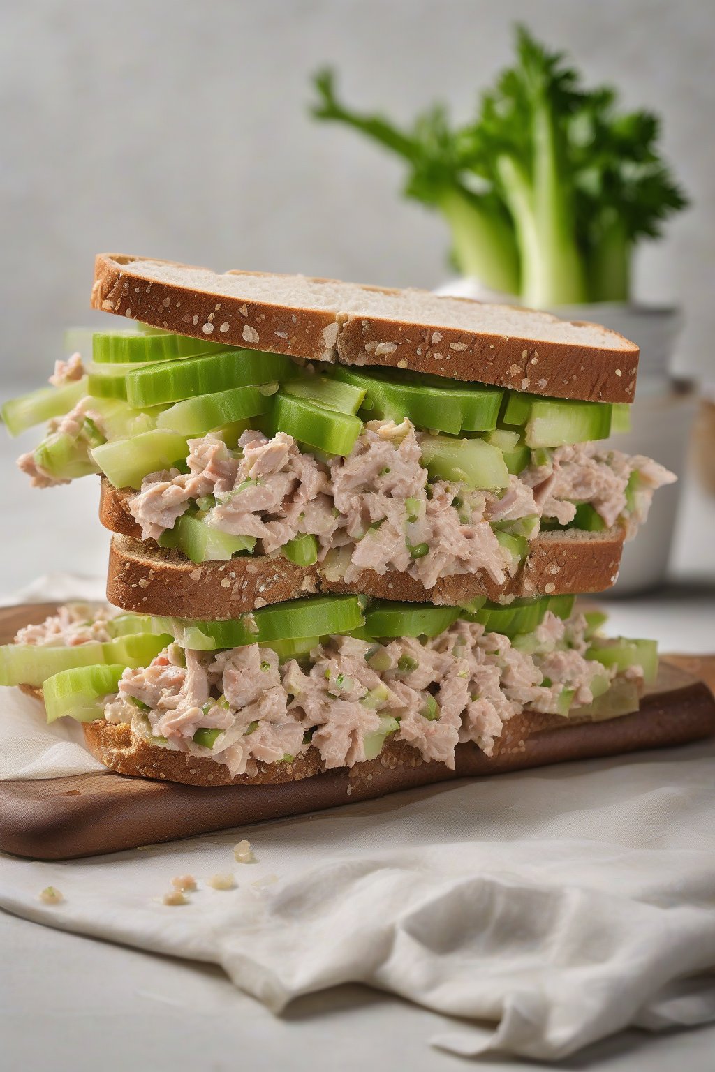 A high-resolution photo of a tuna salad sandwich with visible celery crunch, open-faced on whole-grain bread, under soft lighting.