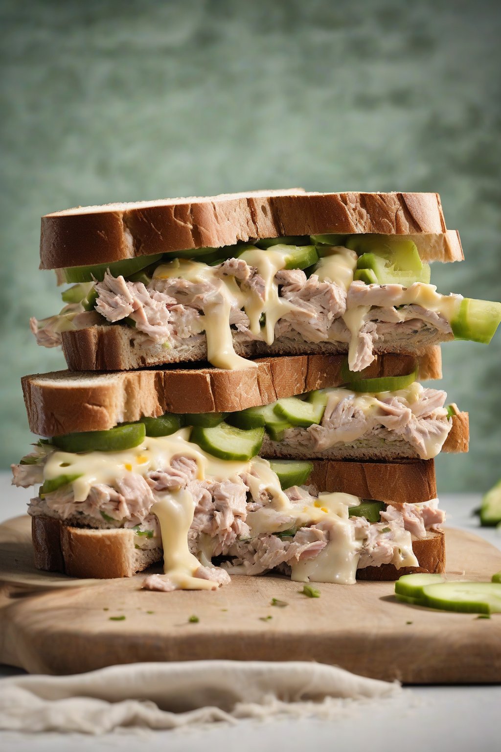 A high-resolution photo of a pickle-packed tuna salad sandwich on rye, with melted cheese oozing, under soft lighting.