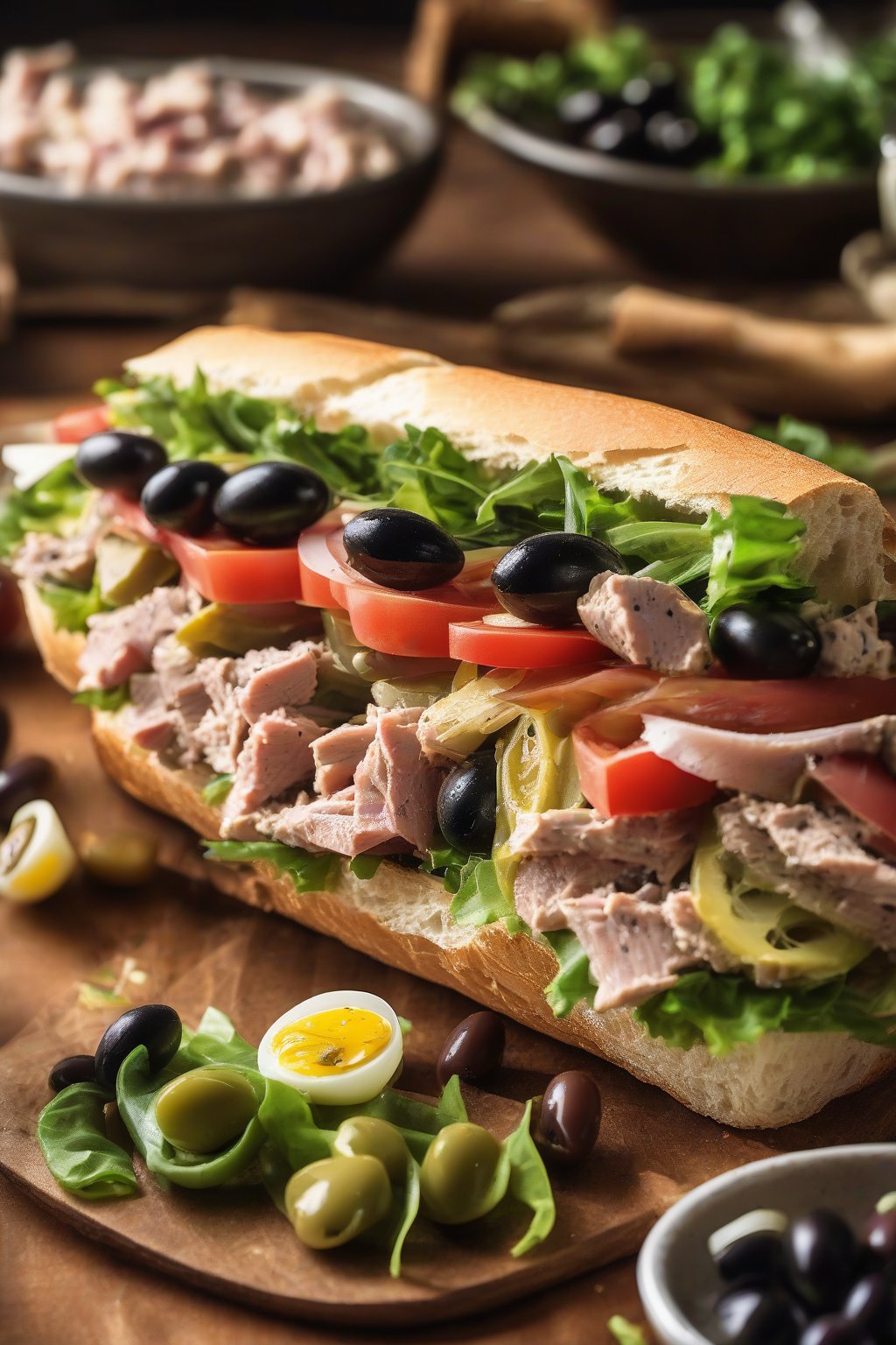 A high-resolution photo of a Niçoise tuna salad baguette sandwich topped with olives, under soft lighting.