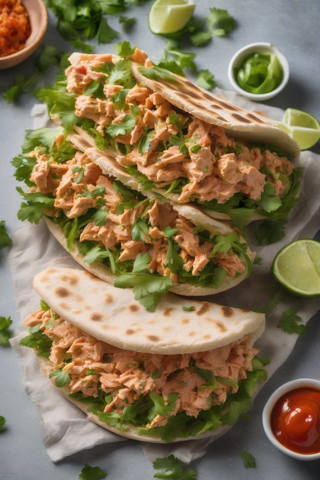 A high-resolution photo of a spicy sriracha tuna salad pita sandwich with cilantro garnish, under soft lighting.