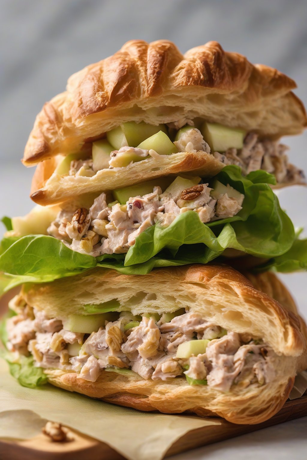 A high-resolution photo of an apple walnut tuna salad croissant sandwich, bits of apple visible, under soft lighting.