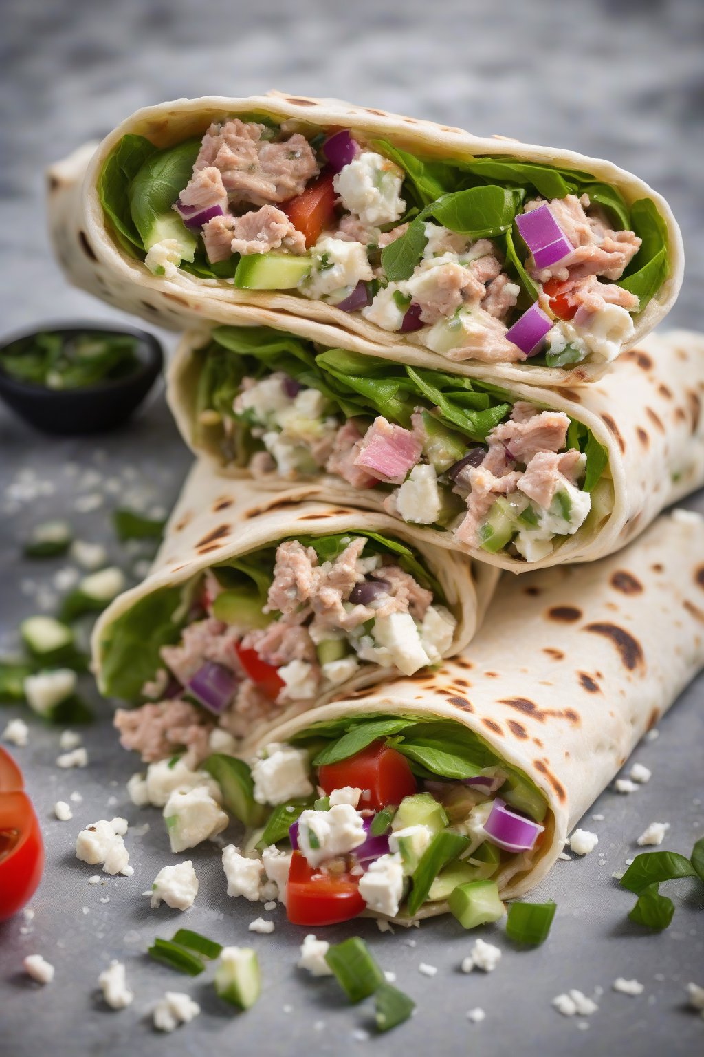 A high-resolution photo of a Greek tuna salad flatbread wrap with feta crumbles, under soft lighting.