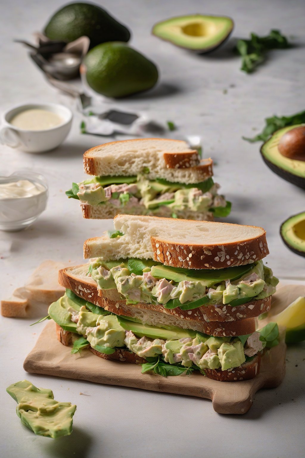 A high-resolution photo of a creamy avocado tuna salad sandwich on sourdough, green hues prominent, under soft lighting.