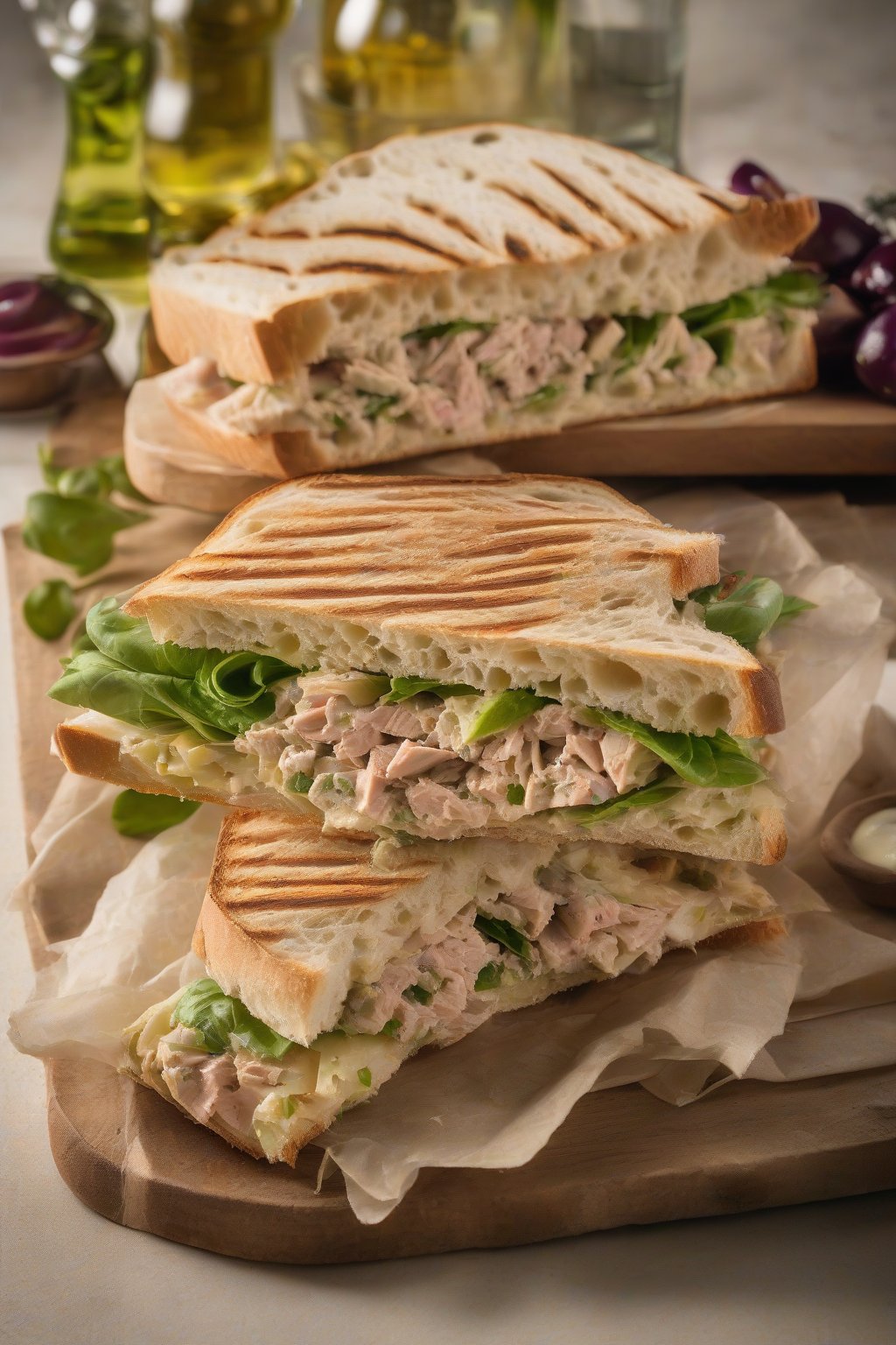 A high-resolution photo of an Italian tuna salad ciabatta panini with artichokes, under soft lighting.