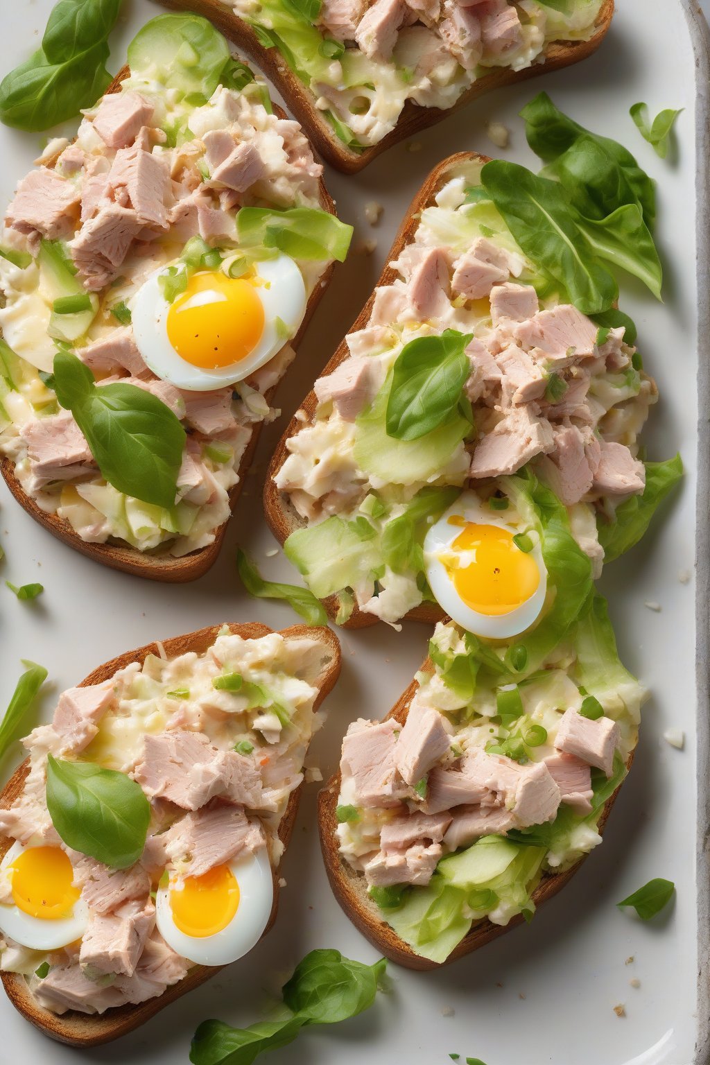 A high-resolution photo of an egg-packed tuna salad open-faced toast, egg chunks visible, under soft lighting.
