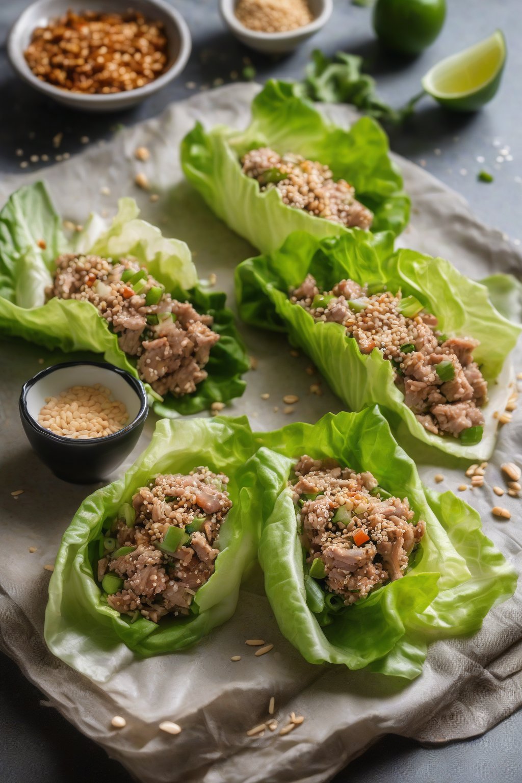 A high-resolution photo of an Asian sesame tuna salad lettuce wrap, sesame seeds sprinkled, under soft lighting.