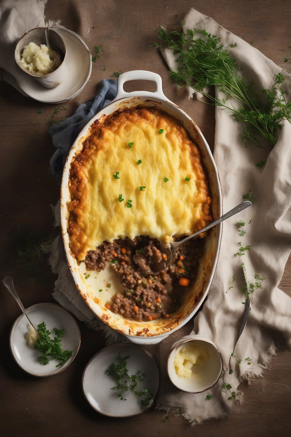 A high-resolution photo of a classic shepherd's pie with golden mashed potato topping and bubbling edges, under soft lighting.