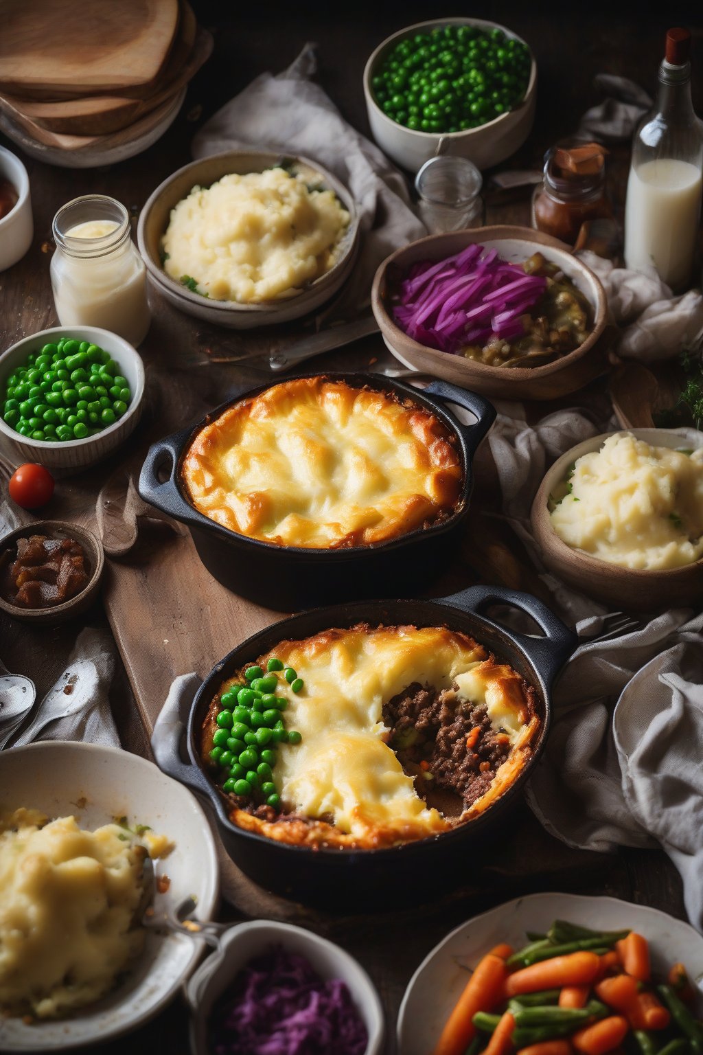 A high-resolution photo of beef cottage pie topped with cheesy mashed potatoes and colorful veggies peeking through, under soft lighting.
