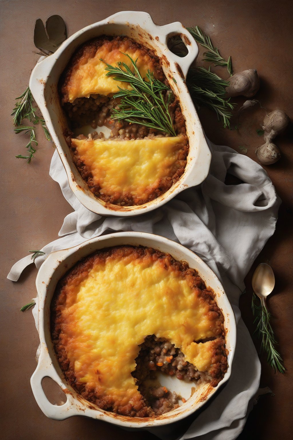A high-resolution photo of rosemary-flecked shepherd's pie with a crispy potato crust, steam rising, under soft lighting.
