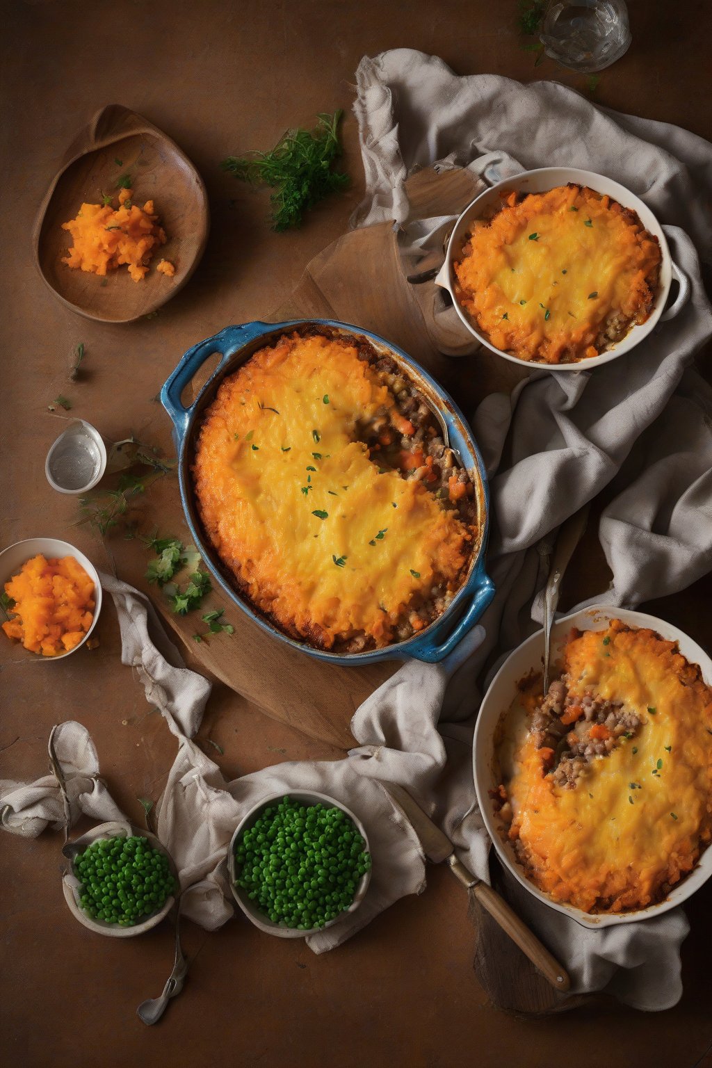 A high-resolution photo of turkey shepherd's pie with vibrant orange sweet potato topping, under soft lighting.
