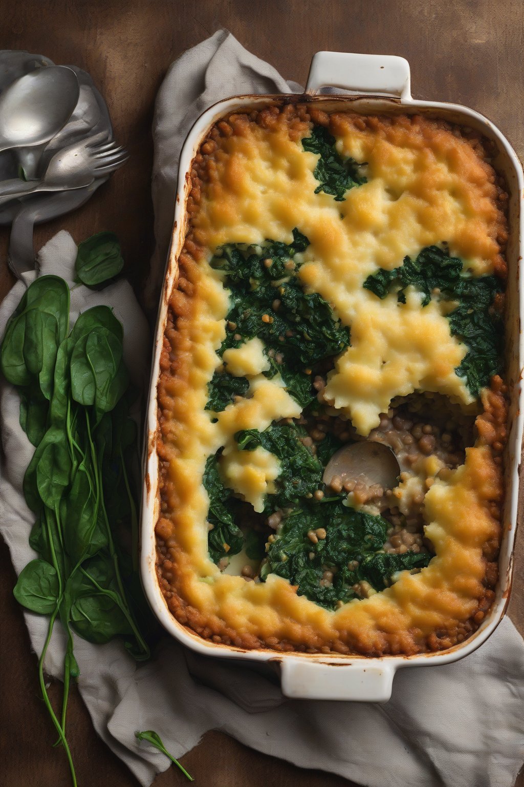 A high-resolution photo of lentil shepherd's pie with green spinach flecks and fluffy potato top, under soft lighting.