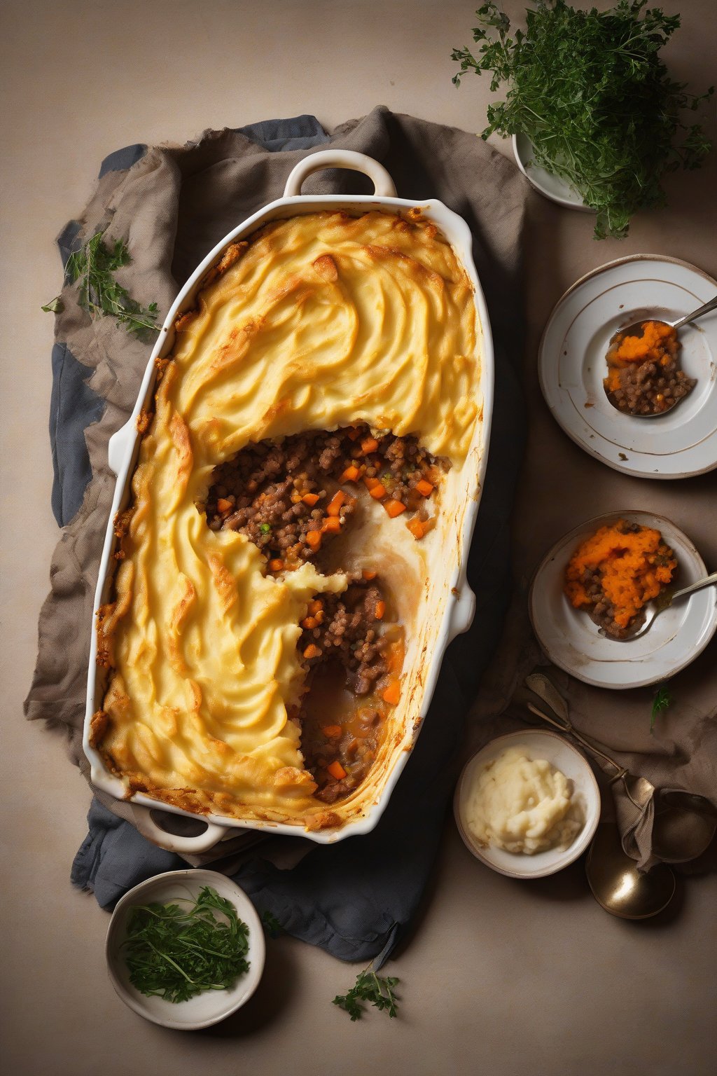 A high-resolution photo of shepherd's pie crowned with swirled sweet potato mash, golden and inviting, under soft lighting.