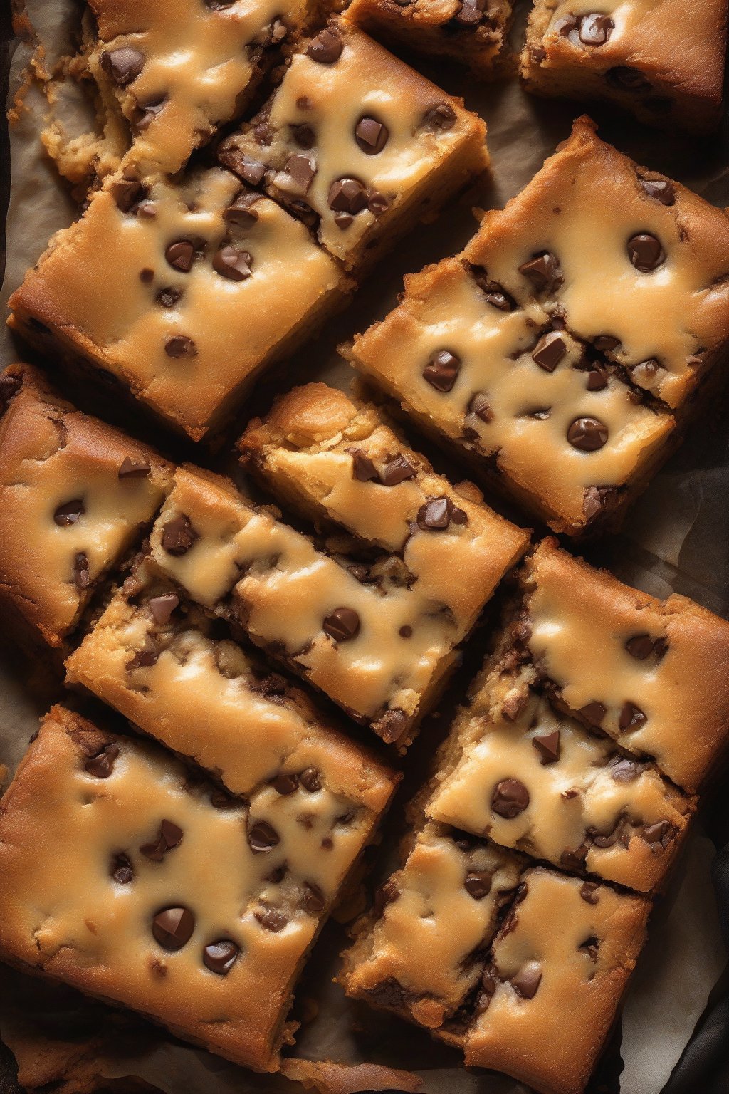 A high-resolution photo of chocolate chip buttery blondies oozing with melted chips, fresh from the oven, under soft lighting.