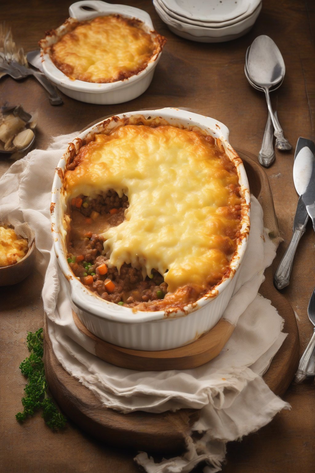 A high-resolution photo of cheesy shepherd's pie with melted cheese bubbling over crispy edges, under soft lighting.