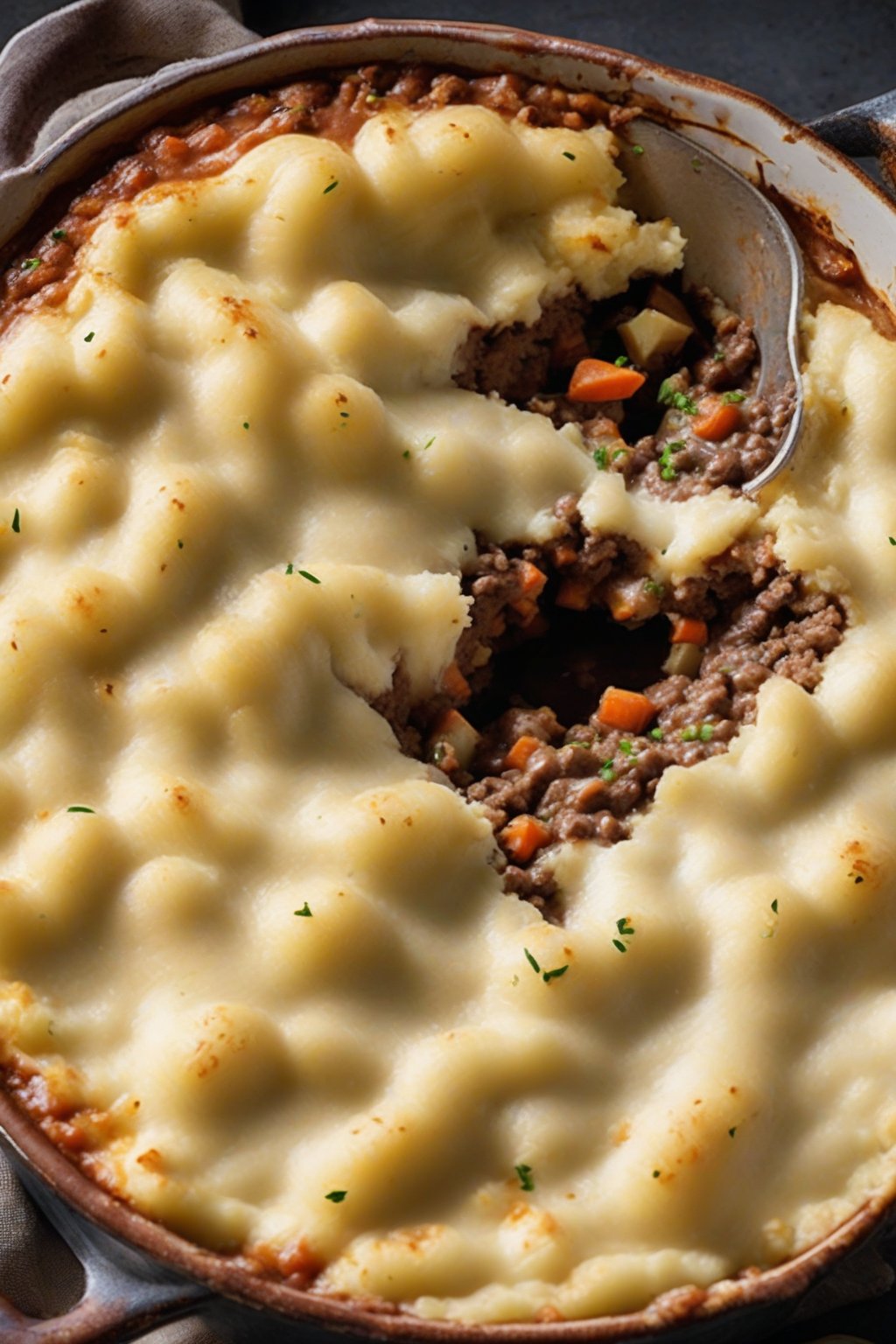 A high-resolution photo of Guinness shepherd's pie with rich dark gravy seeping through potato topping, under soft lighting.