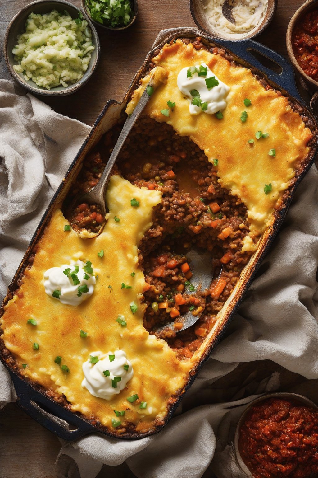 A high-resolution photo of Mexican shepherd's pie topped with cumin-flecked mash and chili accents, under soft lighting.