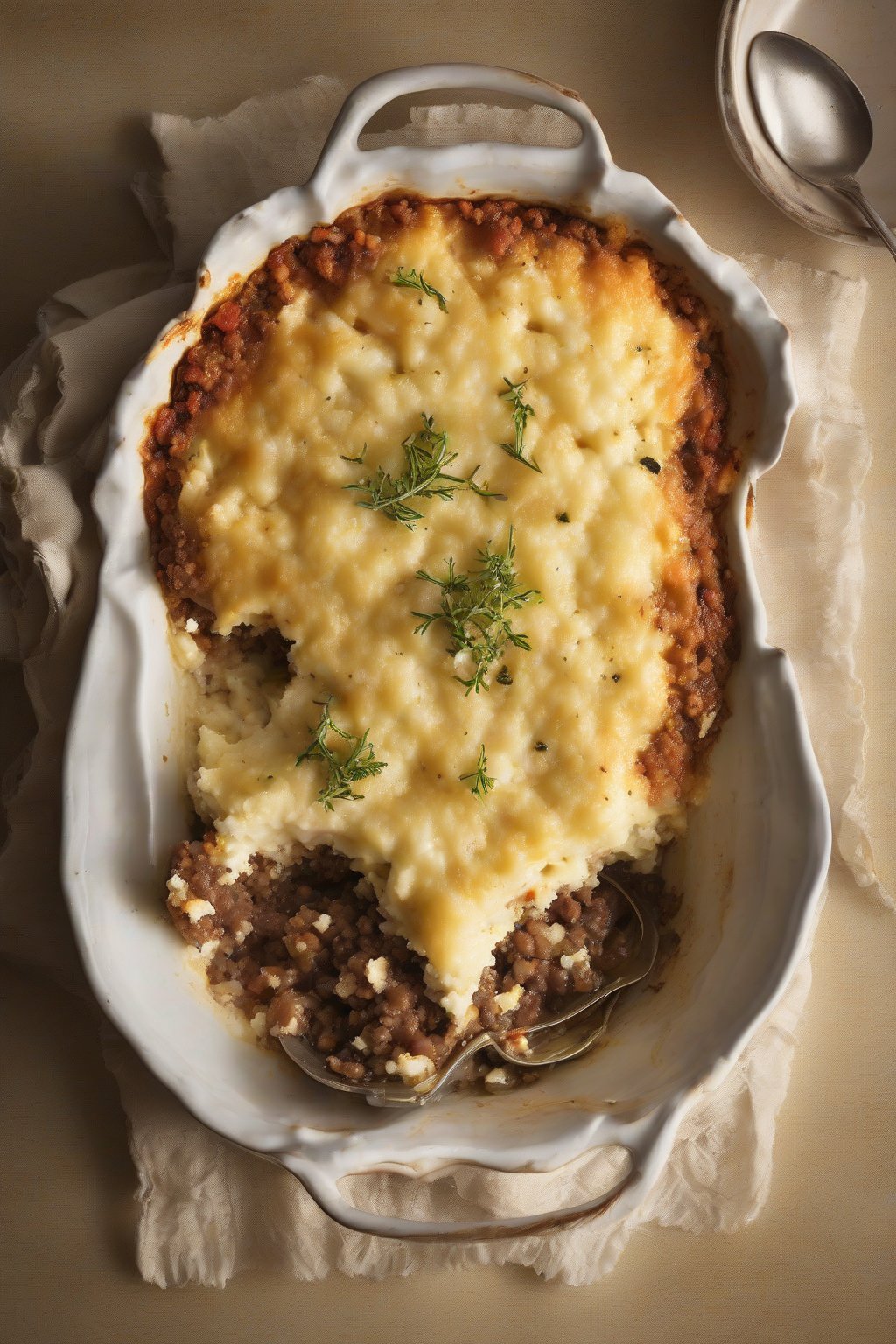A high-resolution photo of Greek shepherd's pie with crumbled feta and olive slices on golden mash, under soft lighting.