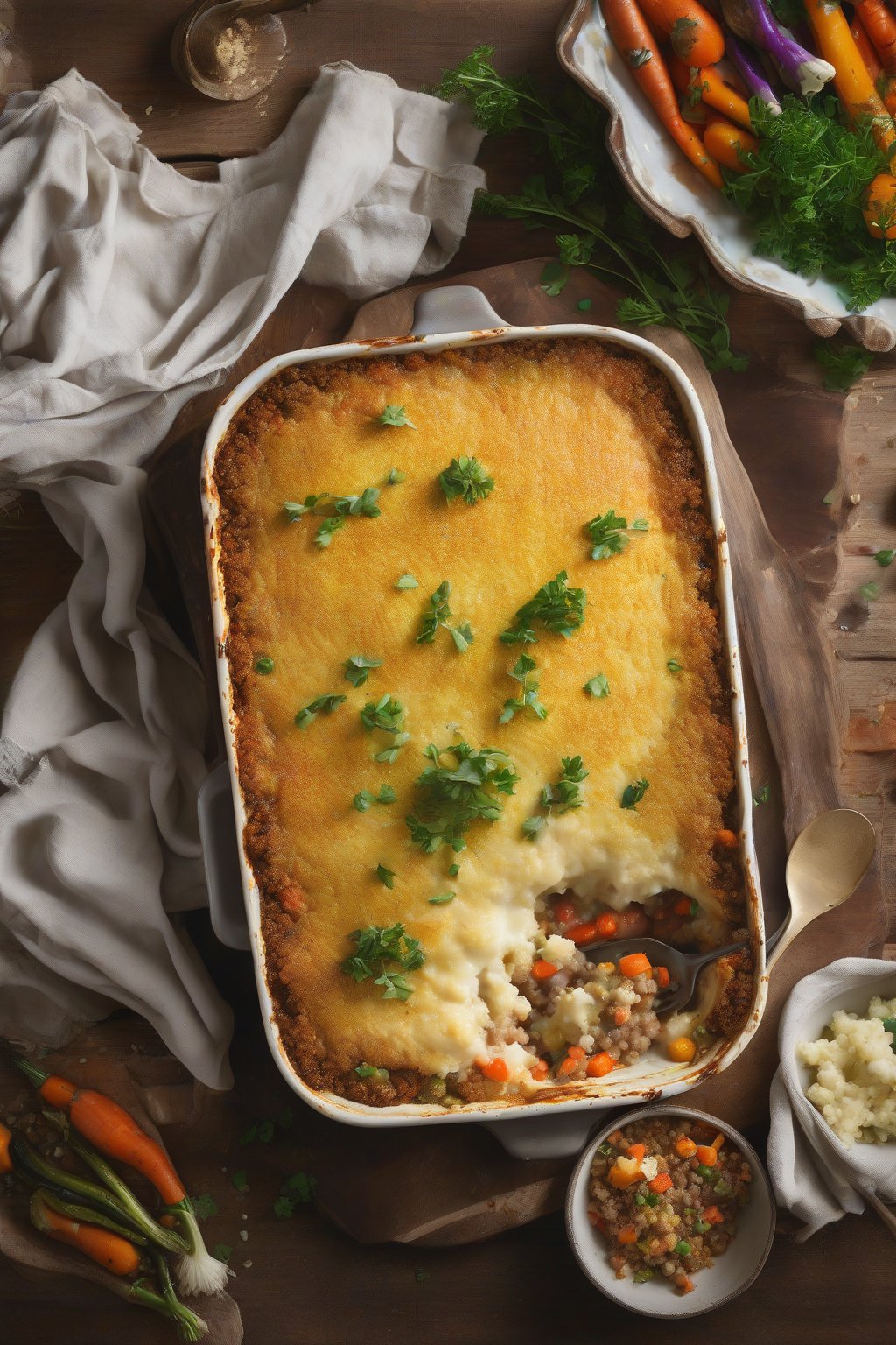 A high-resolution photo of quinoa shepherd's pie with creamy cauliflower topping and colorful veggies, under soft lighting.