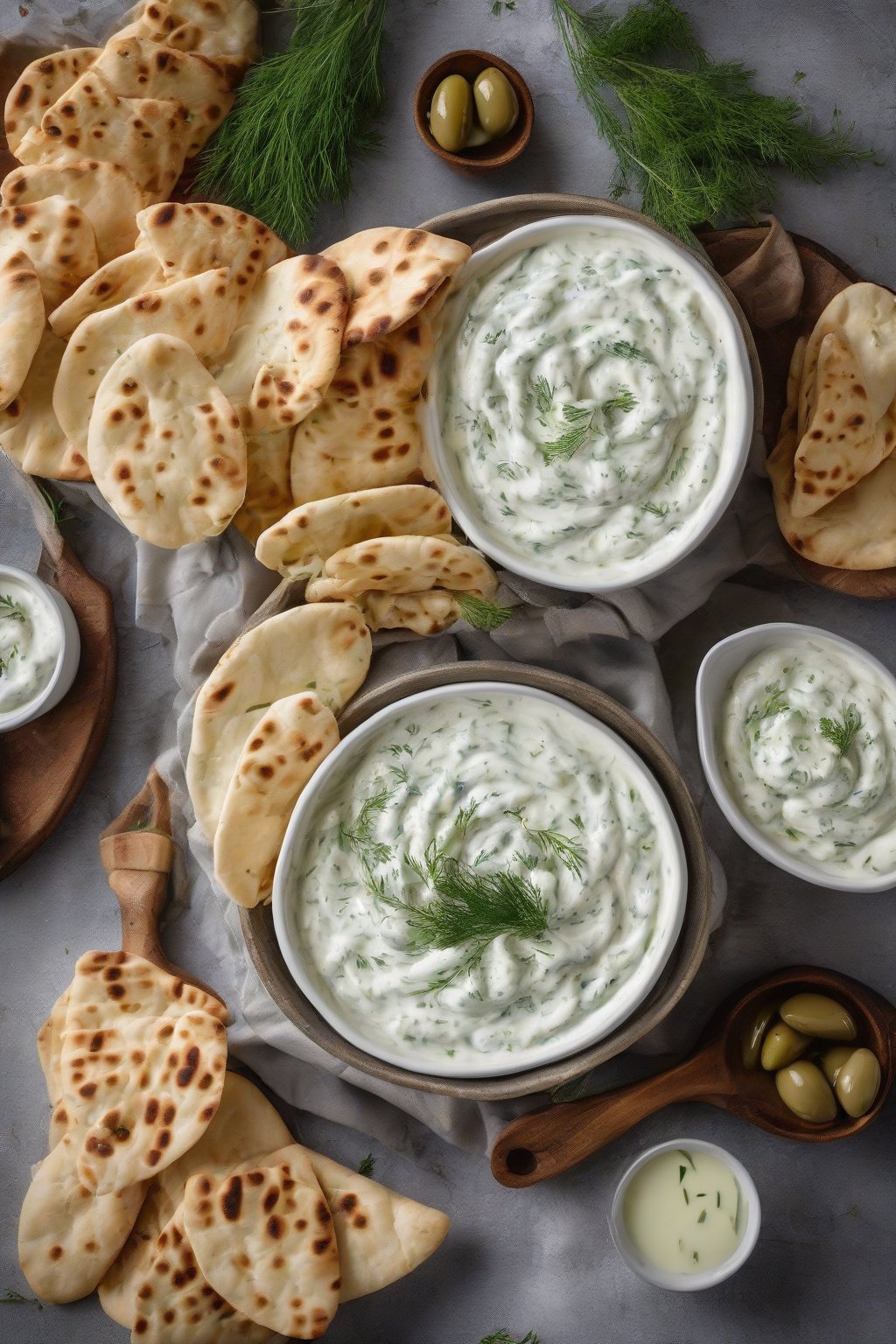 A high-resolution photo of a bowl of classic creamy taziki dip garnished with dill and olive oil drizzles, surrounded by pita wedges, under soft lighting.