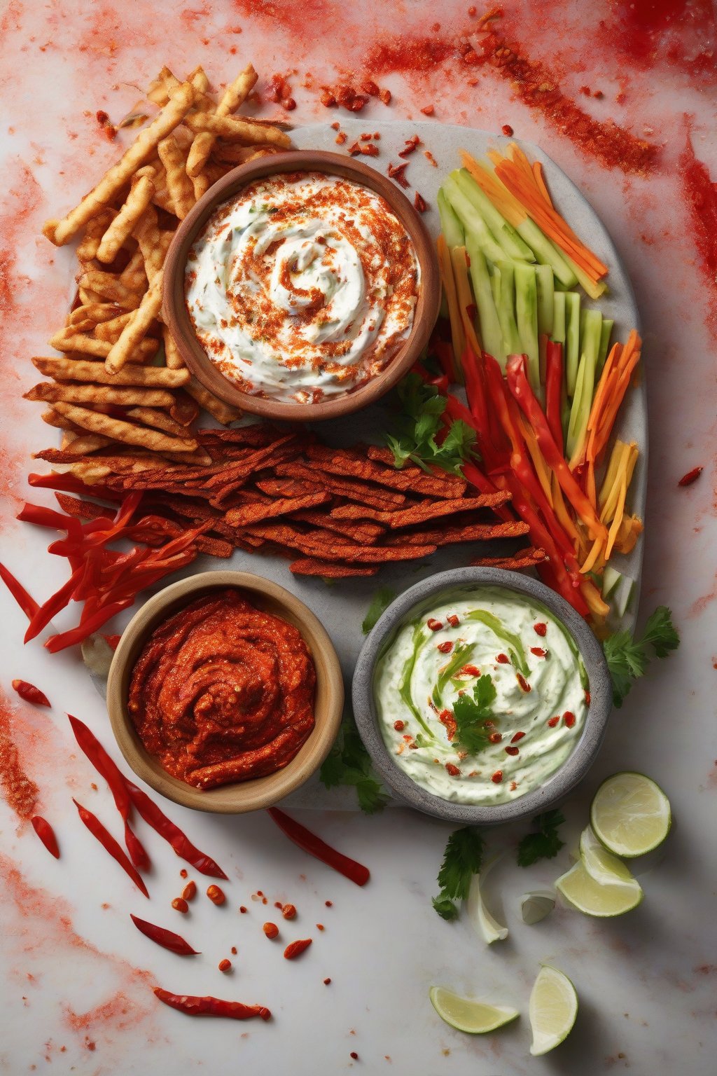 A high-resolution photo of spicy harissa taziki dip with red swirls, topped with chili flakes, next to veggie sticks, under soft lighting.