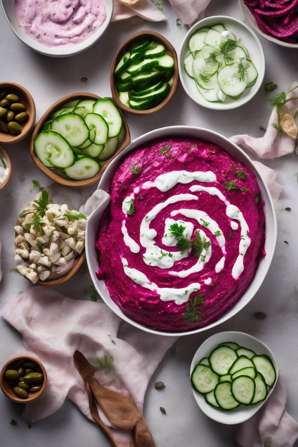 A high-resolution photo of vibrant pink beetroot taziki dip in a white bowl, drizzled with olive oil, with cucumber slices nearby, under soft lighting.