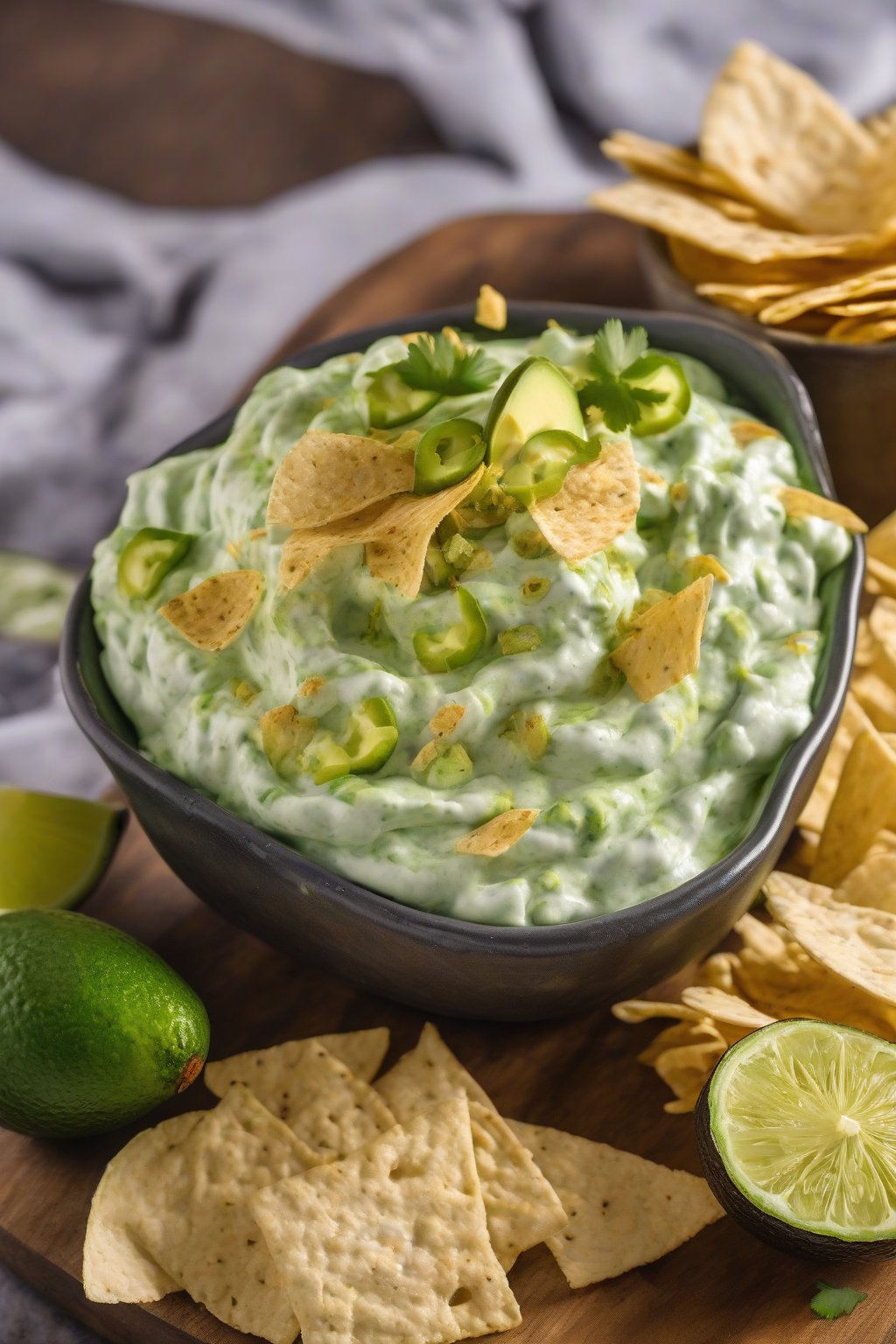 A high-resolution photo of lush green avocado taziki dip swirled with lime zest, served with tortilla chips, under soft lighting.