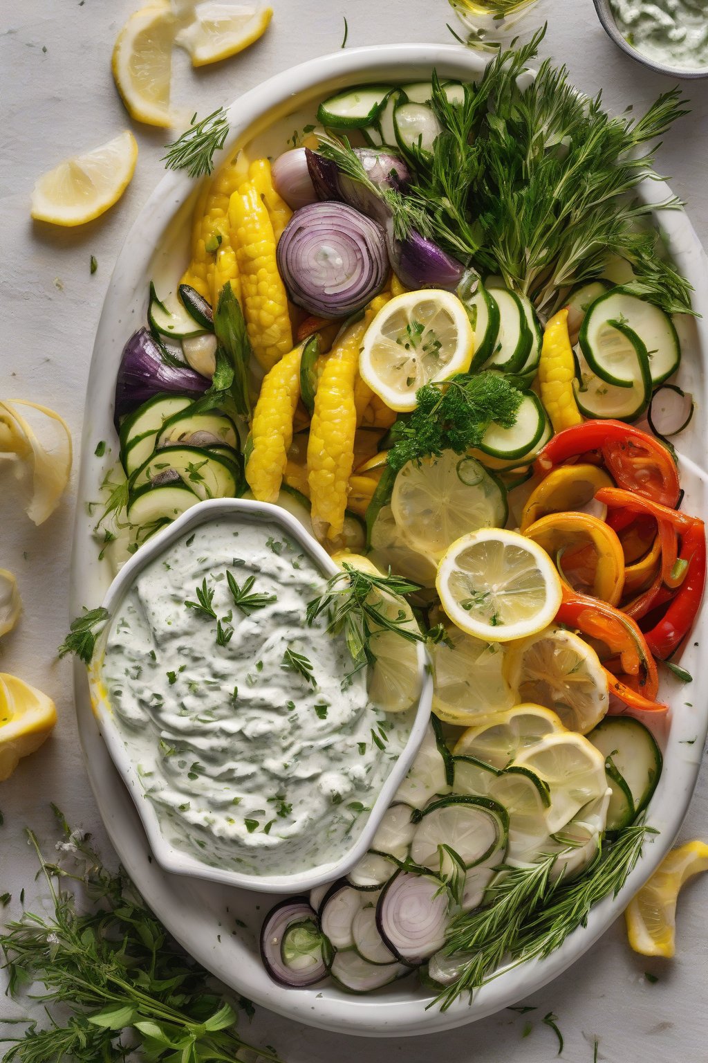 A high-resolution photo of lemon-herb taziki dip garnished with lemon wheels and herb sprigs, alongside grilled veggies, under soft lighting.