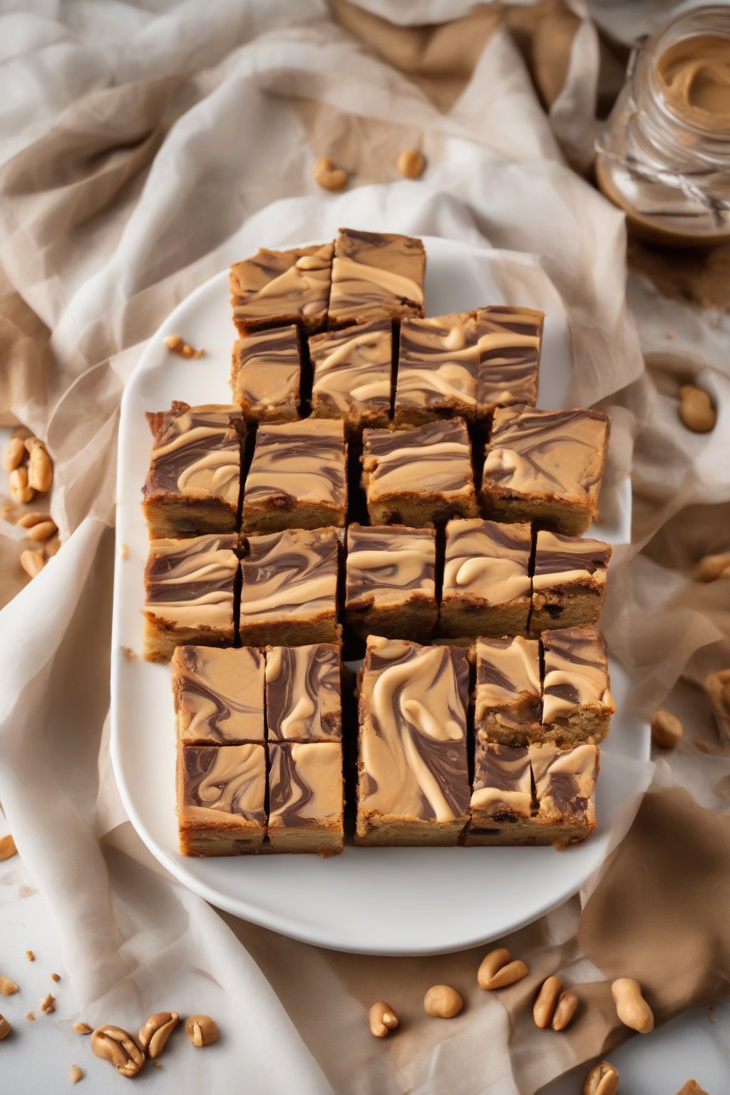 A high-resolution photo of peanut butter swirl blondies with marbled ribbons and chewy texture, on a white plate, under soft lighting.