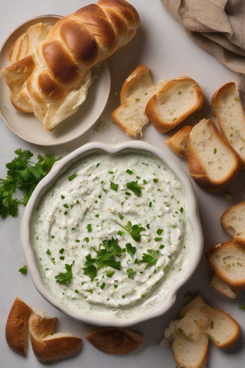 A high-resolution photo of smooth roasted garlic taziki dip topped with garlic cloves, with warm bread for dipping, under soft lighting.